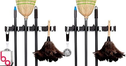 Berry Ave Broom Holder & Wall Mount Garden Tool Organizer- Kitchen, Garage & Laundry Room Storage With 4 Slots And 4 Hooks- Wall Holder For Broom, Rake & Mop Handles Up To 1.25? [Black, 2-Pack]