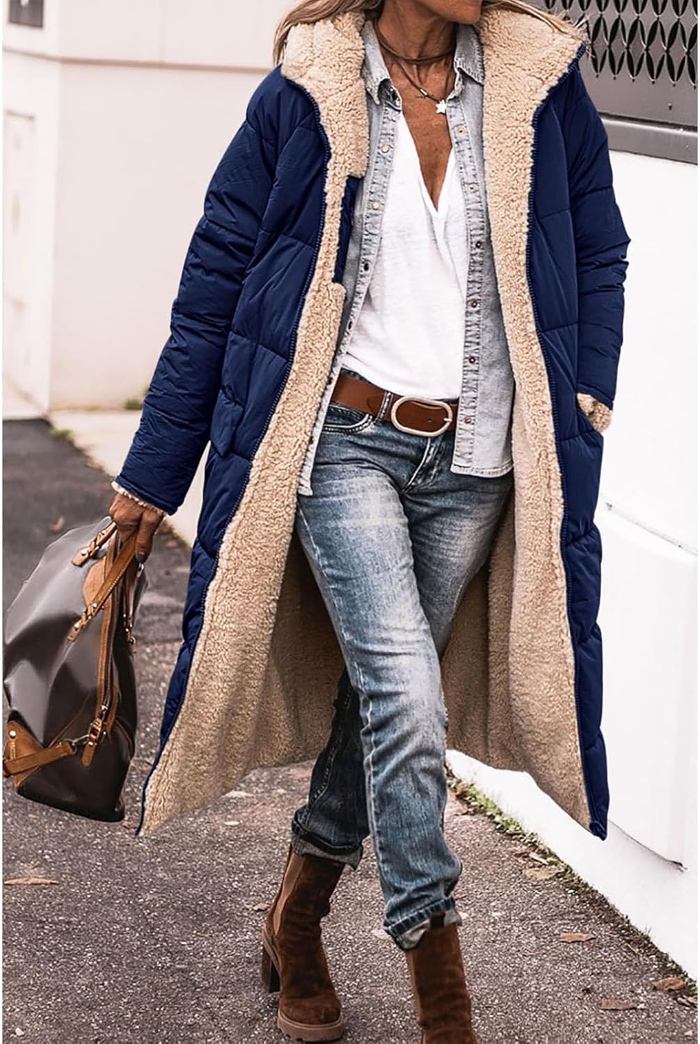 Womens Long Puffer Jacket Oversized Sherpa Lined Puffy Coats Winter Reversible Padded Down Jackets Zip Up Outerwear