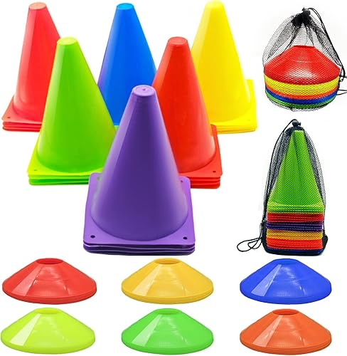 Miniatura 8 de Juego deportivo de conos, 24 conos de fútbol de 79 pulgadas con 60 conos de disco, conos de fútbol de agilidad con bolsa de transporte, marcador de