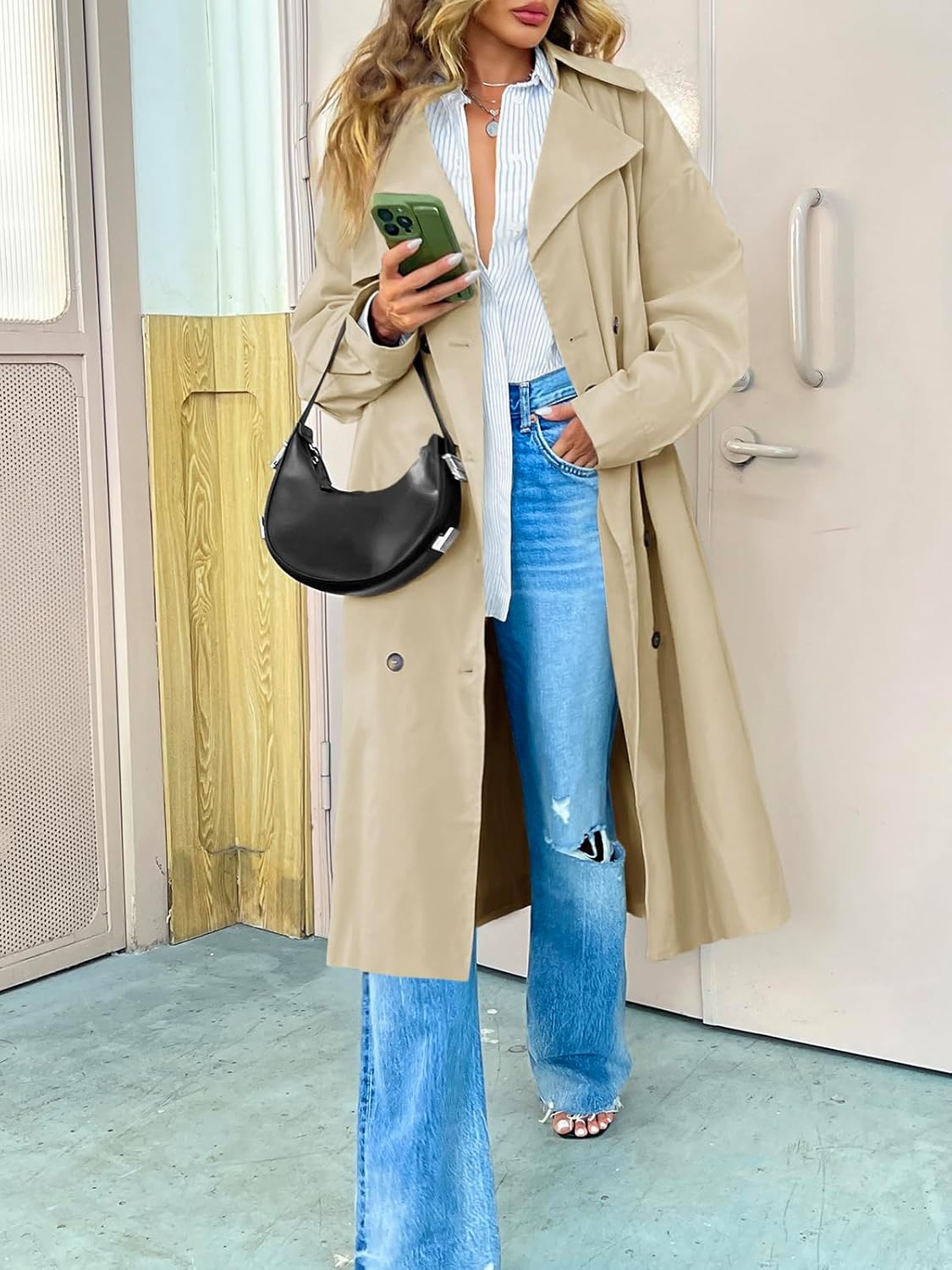 Tankaneo Womens Double Breasted Long Trench Coat Oversized Classic Lapel Belted Overcoat - Image 5