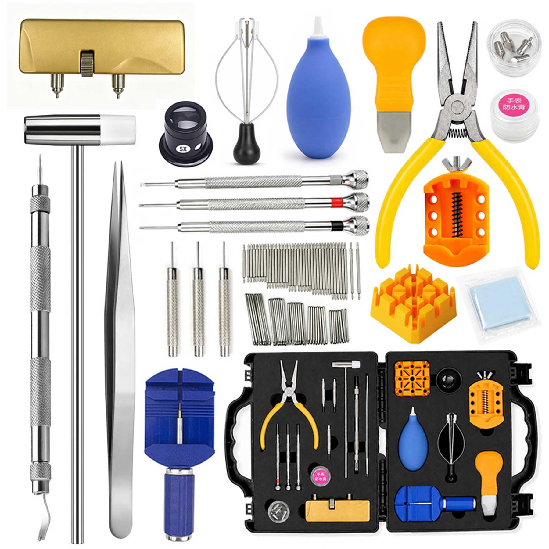 Uhren-Reparatur-Set, Uhren-Gliederentfernungsset, Uhrenbatterie-Ersatzwerkzeug-Set | Uhren-Reparatur, Reparaturwerkzeuge, Federstege, Schraubendreher, Uhrpinzette, Uhrenimprägniercreme, Splintentreiber, Hammer