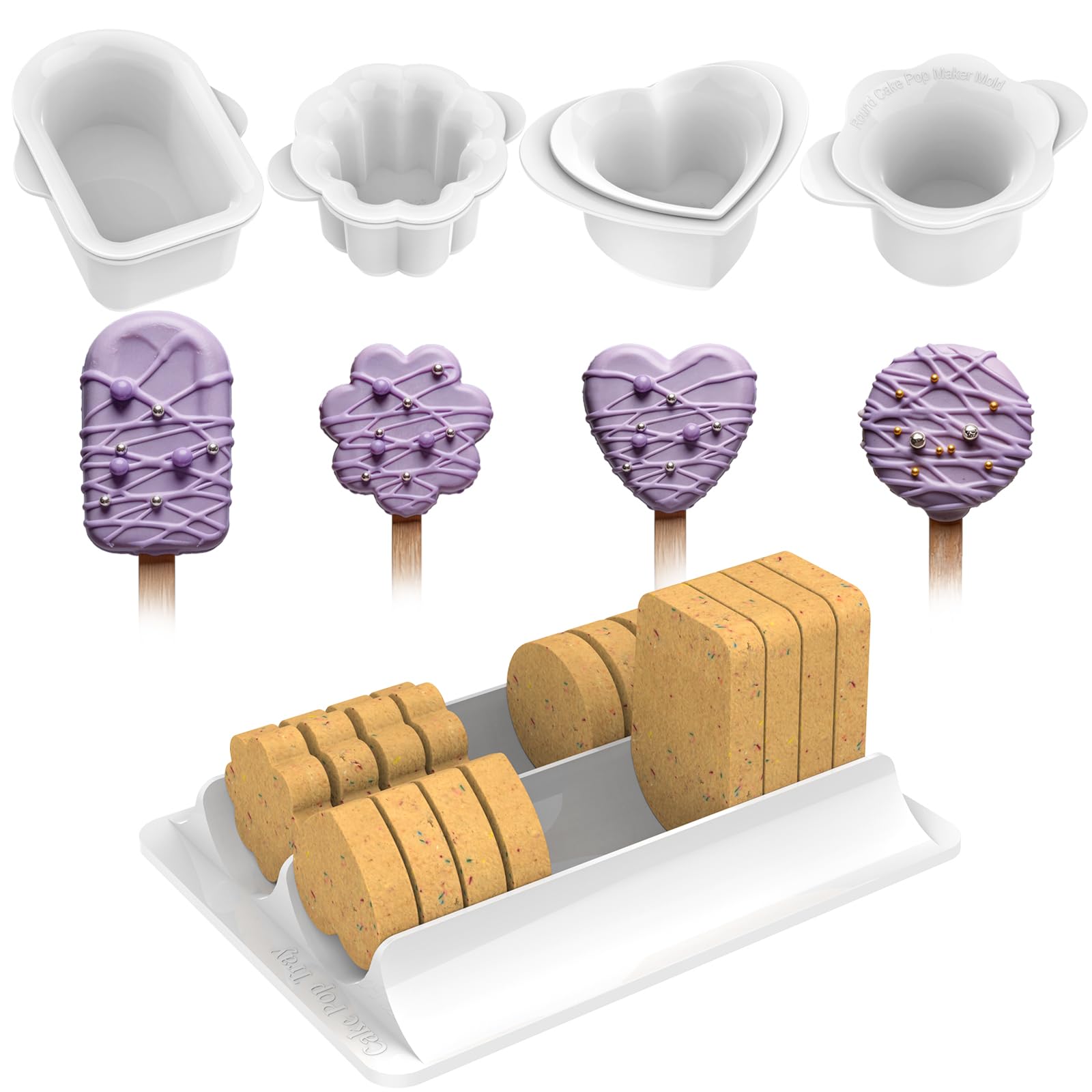 Cake Pop Molds Set,4 Shapes with Tray,1.75 Inch ABS Cutter Kit for Baking