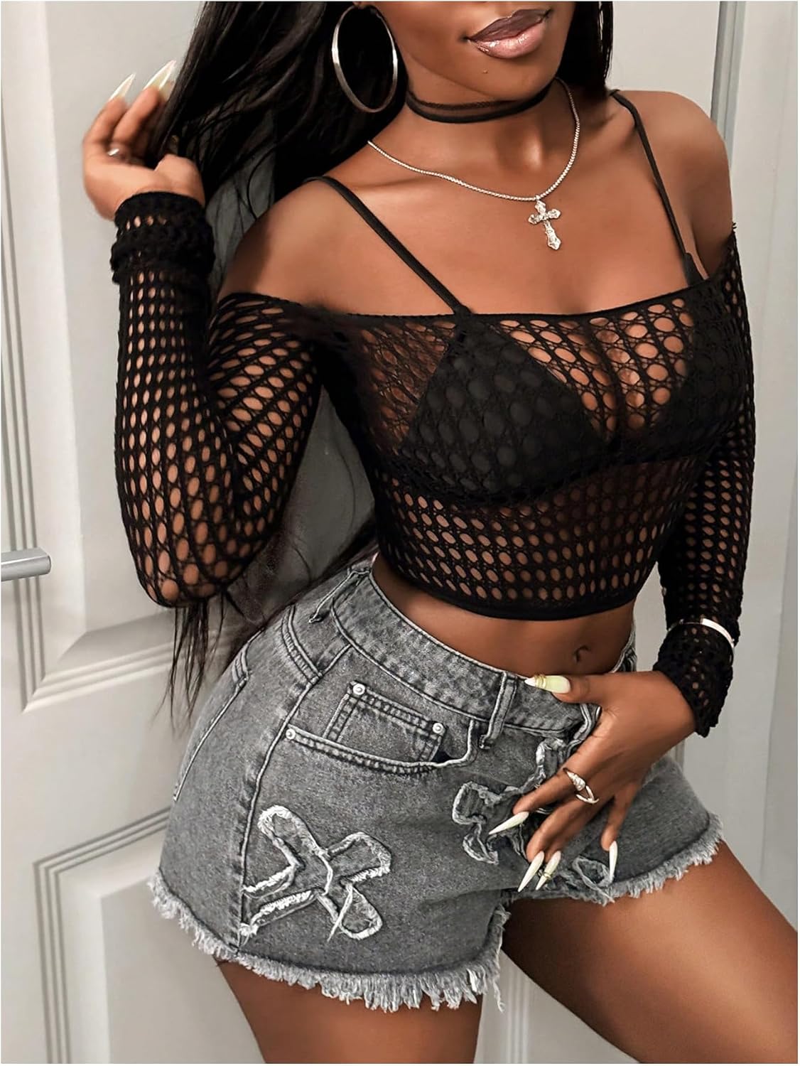 SweatyRocks Women's See Through Off Shoulder Crop Tops Hollow Out Long Sleeve Fitted T Shirt - Image 3