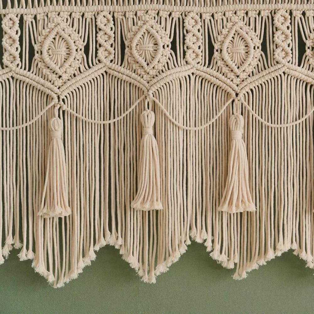 Rideaux en macramé beige bohème avec pompons tissés à la main - Rideau de porte de cuisine moderne pour balcon et suspension murale