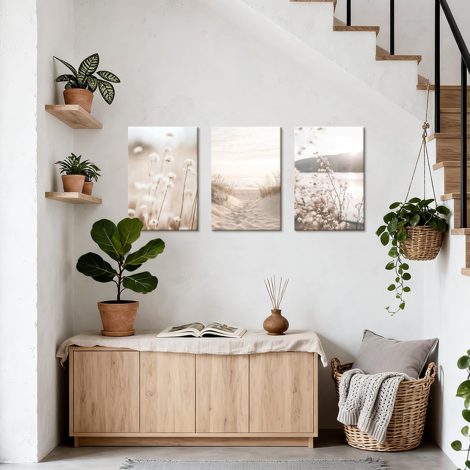 WENGTIAO 3 Stück Boho Beige Landschaft Leinwand Bilder Kunstdrucke Gerahmt, Minimalistische Blumen Strand Küsten Gemälde auf Leinwand, Wandbilder für Modern Wanddeko Wohnzimmer Schlafzimmer 40x60cmx3