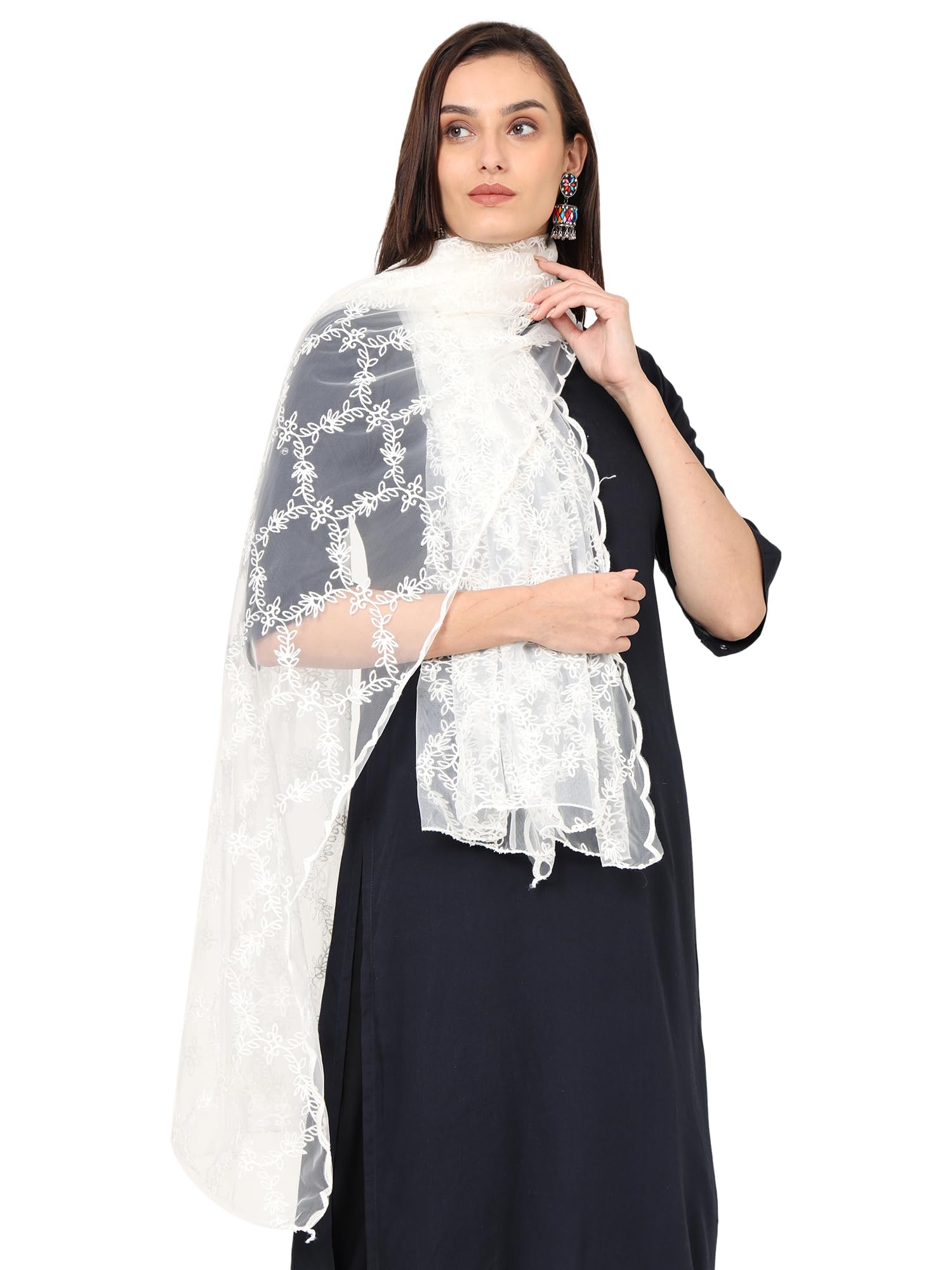 Weavers Villa Women's Net Floral Embroided Dupatta, Chunni (White Net), 2.20 Mtrs
