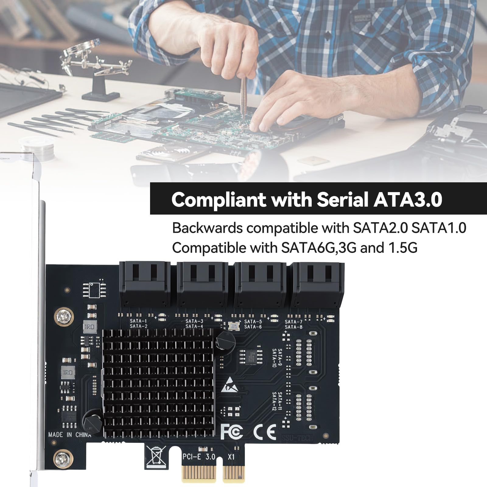 ELUTENG Carte PCIe SATA 8 ports, adaptateur PCIe vers SATA SATA 3.0, carte contrôleur PCI Express X1, carte d'extension pour ordinateur de bureau, prise en charge du disque SSD HDD, démarrage comme