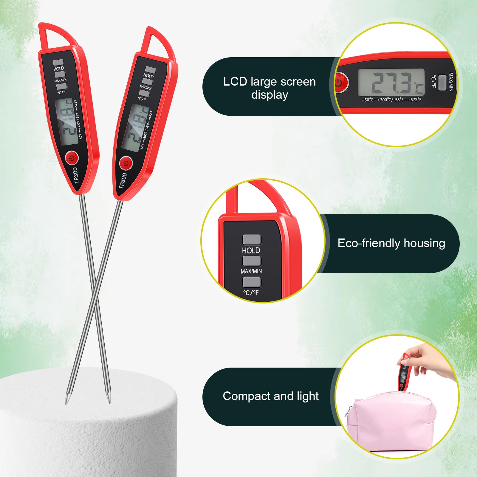 Copkim Termometro digitale impermeabile per acqua, liquidi, candele e carne, con sonda lunga, lettura istantanea, per cucina, barbecue, grill e caramelle (rosso)