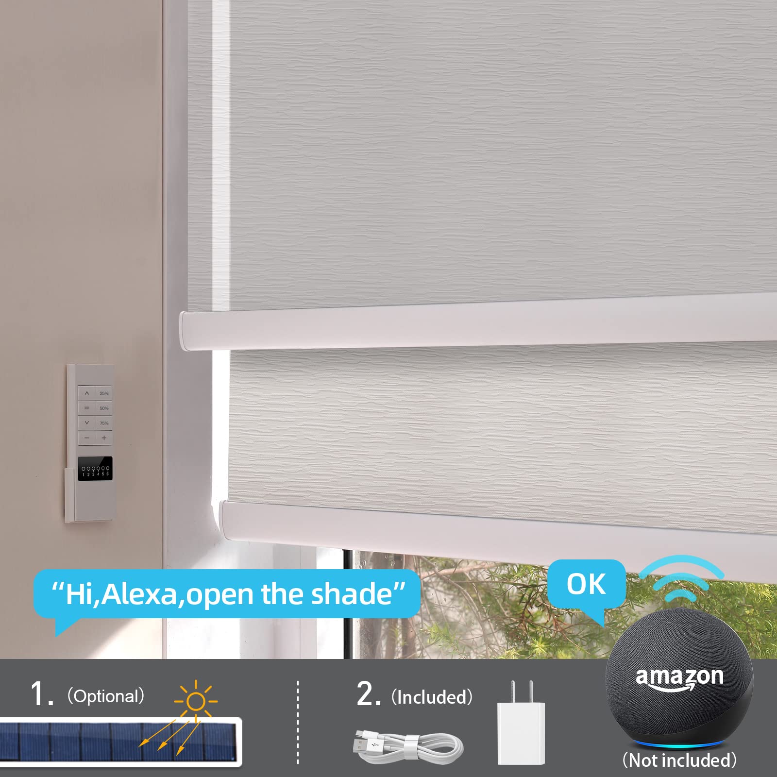 ZSTARR Motorized Day and Night Dual Smart Blind for Window with Valance Rechargeable Motor,Blackout Roller Shade Custom Size,with Valance Suitable for Home,Office (Full Blackout White)