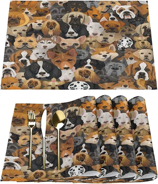 Dogs Theme Placemats Set of 4 Washable Kitchen Dining Table Mats 12 x 18 Inch Modern Cloth Place Mats Non-Slip Heat Resistant Placemats for Home Farmhouse Kitchen Dinner Party Decor