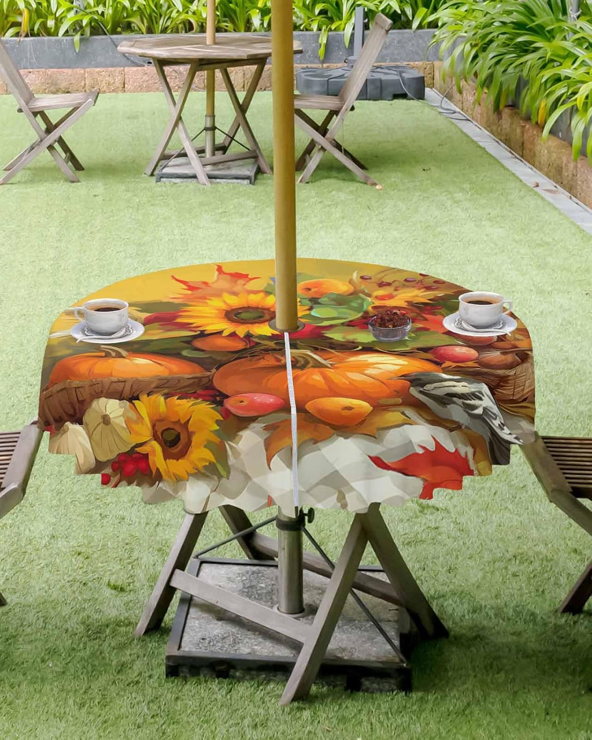 Fall Thanksgiving Outdoor Tablecloth - 60 Inch Round Dining Table Cover, Pumpkins Birds Sunflower Oil Painting Waterproof Outdoor Table Cloth with Umbrella Hole & Zipper for Picnic/Patio