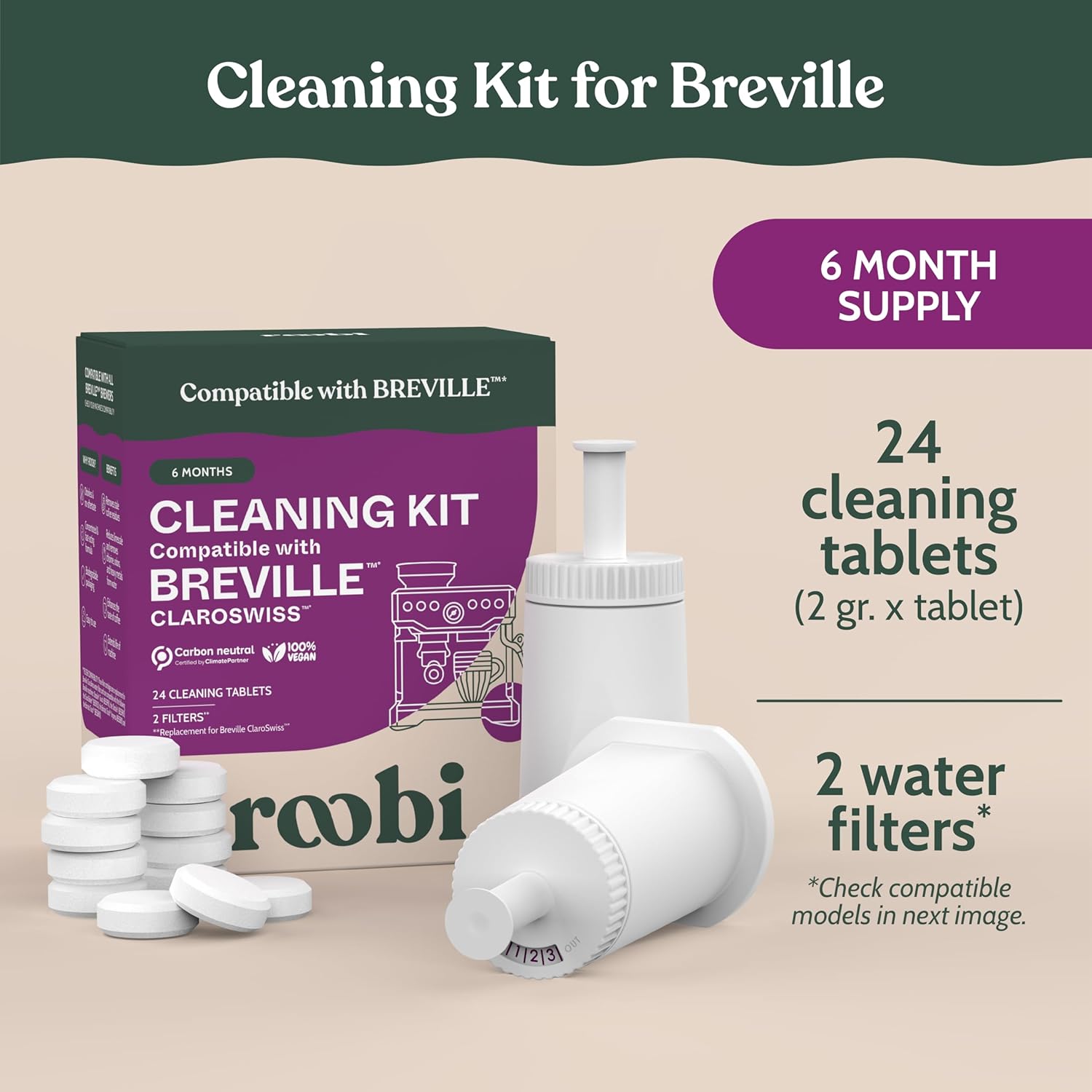 Roobi Espresso Cleaning Kit compatible with Breville ClaroSwiss Filters. Includes 24 Cleaning Tablets and 2 ClaroSwiss Water Filters. Carbon Neutral. 6 Month Supply.