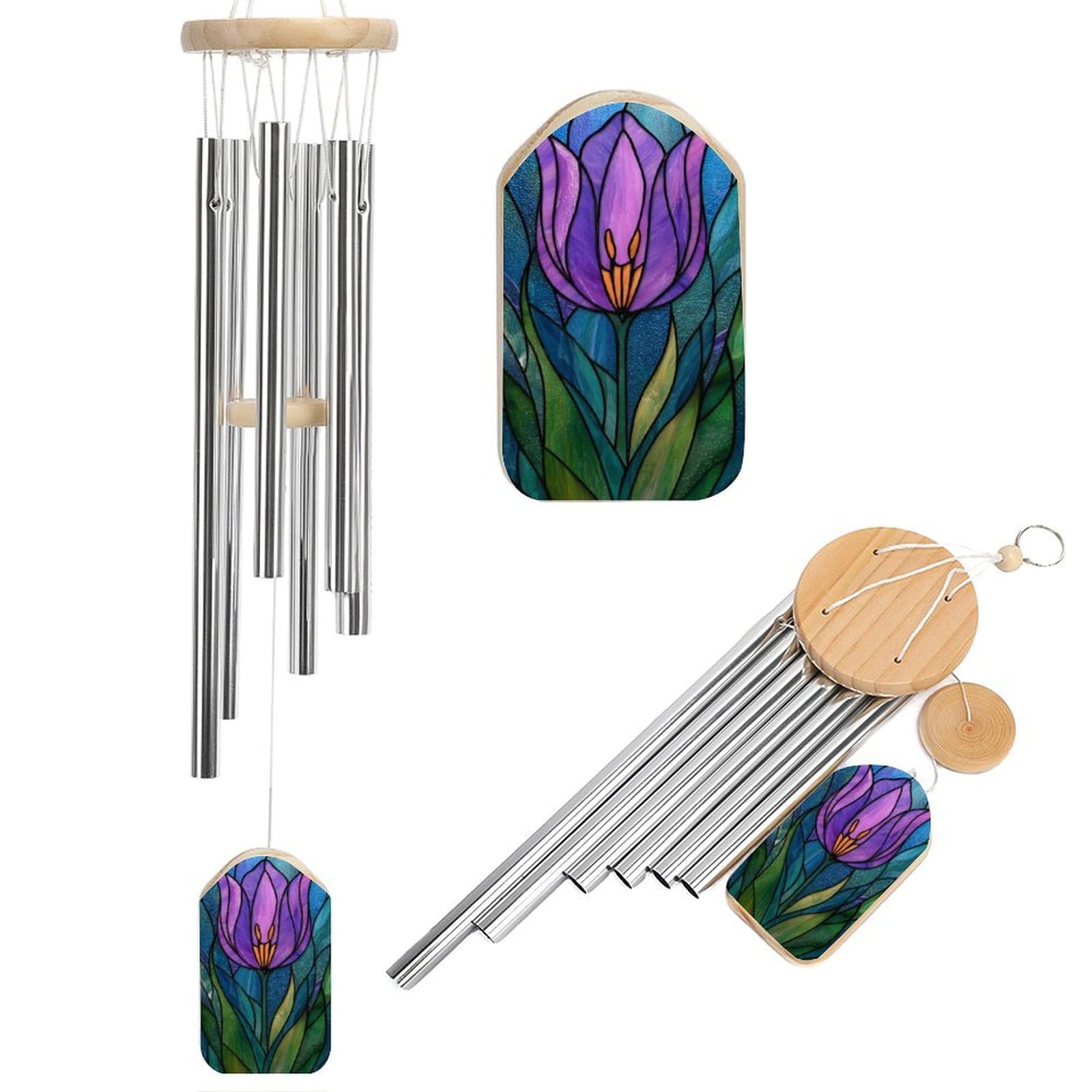 Stained Glass A Single Purple Tulip on Blue Wind Chimes Memorial Deep Tone Windchime with 6 Aluminum Tubes Outdoor Backyard Garden Decoration