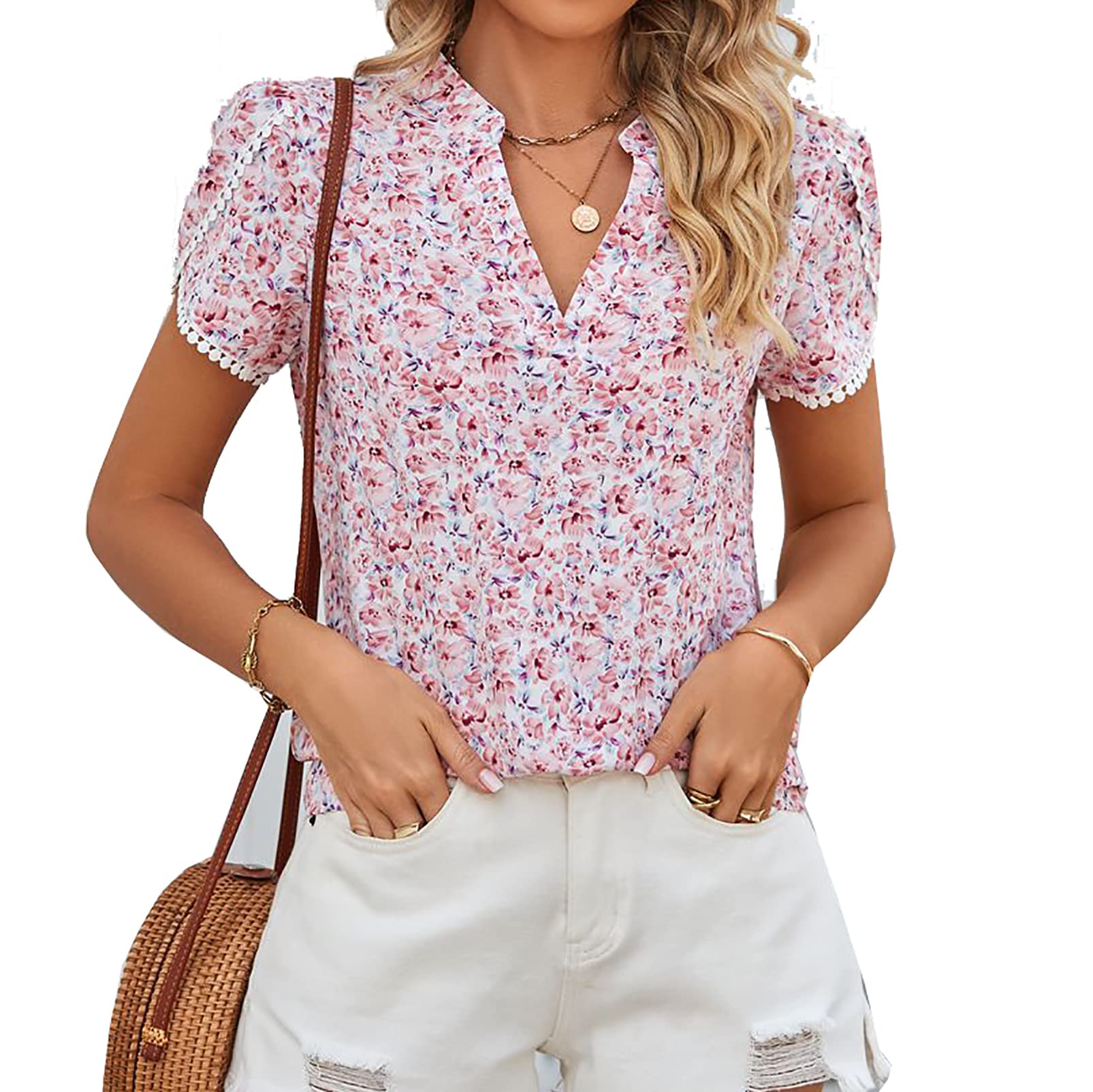 Femmes T-Shirts À Manches Courtes T-Shirt en Mousseline de Soie à Manches Courtes et Col en V à Imprimé Floral pour Femmes