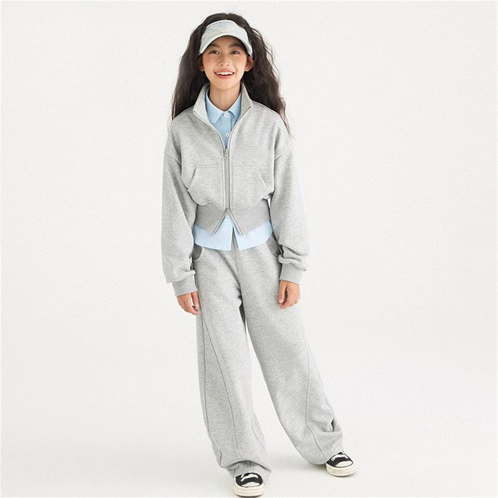 Ensemble Fille Demi-Zip Manches Longues Pantalon Large 2 Pièces Sport | Pantalon Large Fille Tenue Décontracté Idéale Jogging Hiver Confortable Tendance Taille 2-15 Ans
