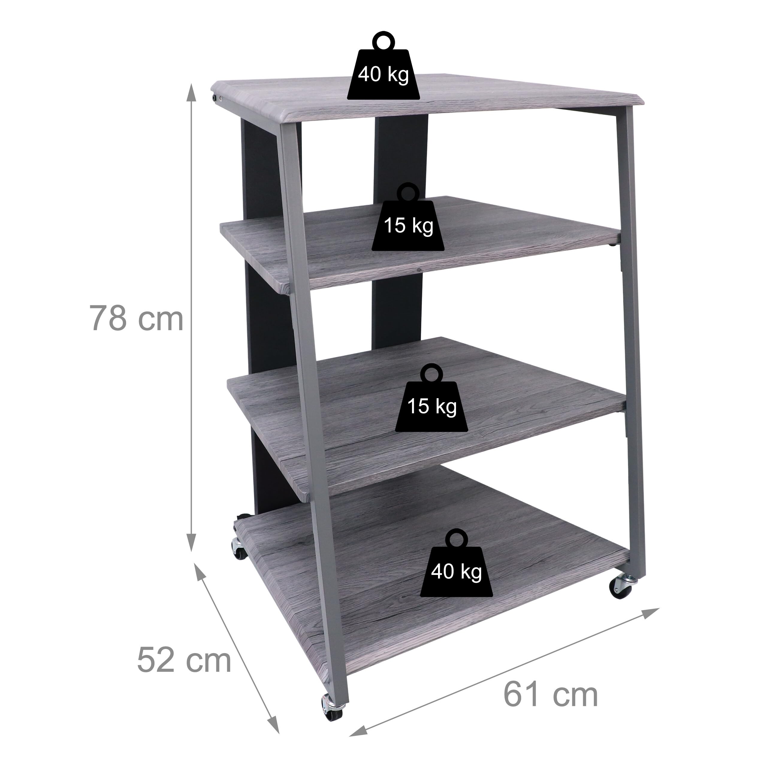 Relaxdays HiFi-Rack, 4 Ripiani per Giradischi e Stereo, Ferro/MDF, 78x61x52 cm, scaffale multimediale Grigio