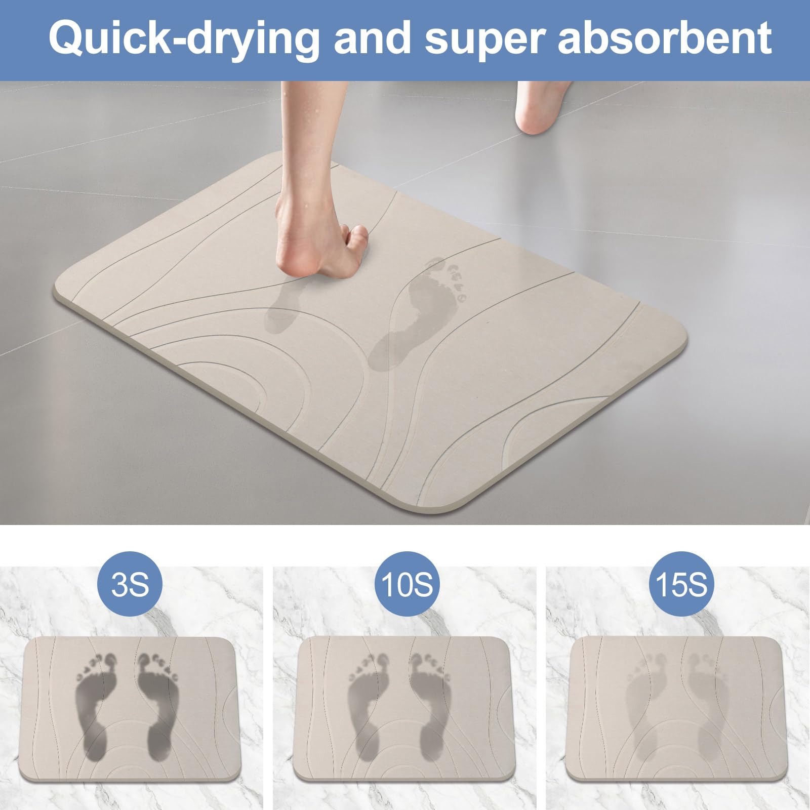 Alfombrilla de baño de piedra, alfombrilla de ducha de tierra de diatomeas, juego de 3, antideslizante, súper absorbente, de secado rápido, 24 x 15 pulgadas, color blanco grisáceo