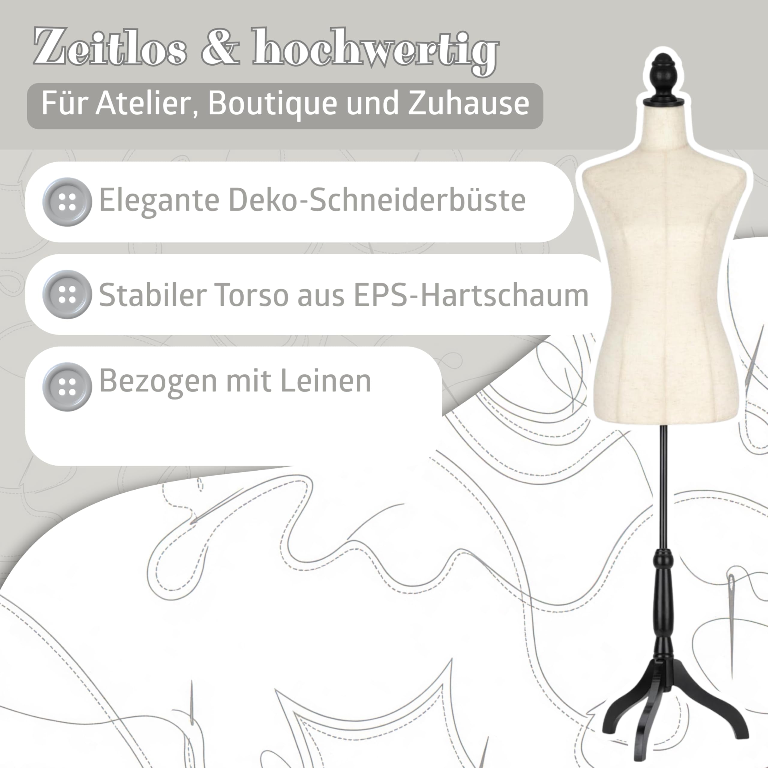 Semplix Deko Schneiderbüste–Schneiderpuppe aus Styropor (EPS) mit Baumwollbezug & Holzstativ, höhenverstellbar, Elegante Deko Schneiderpuppe für Atelier, Boutique & Dekoration (Leinenbezug)