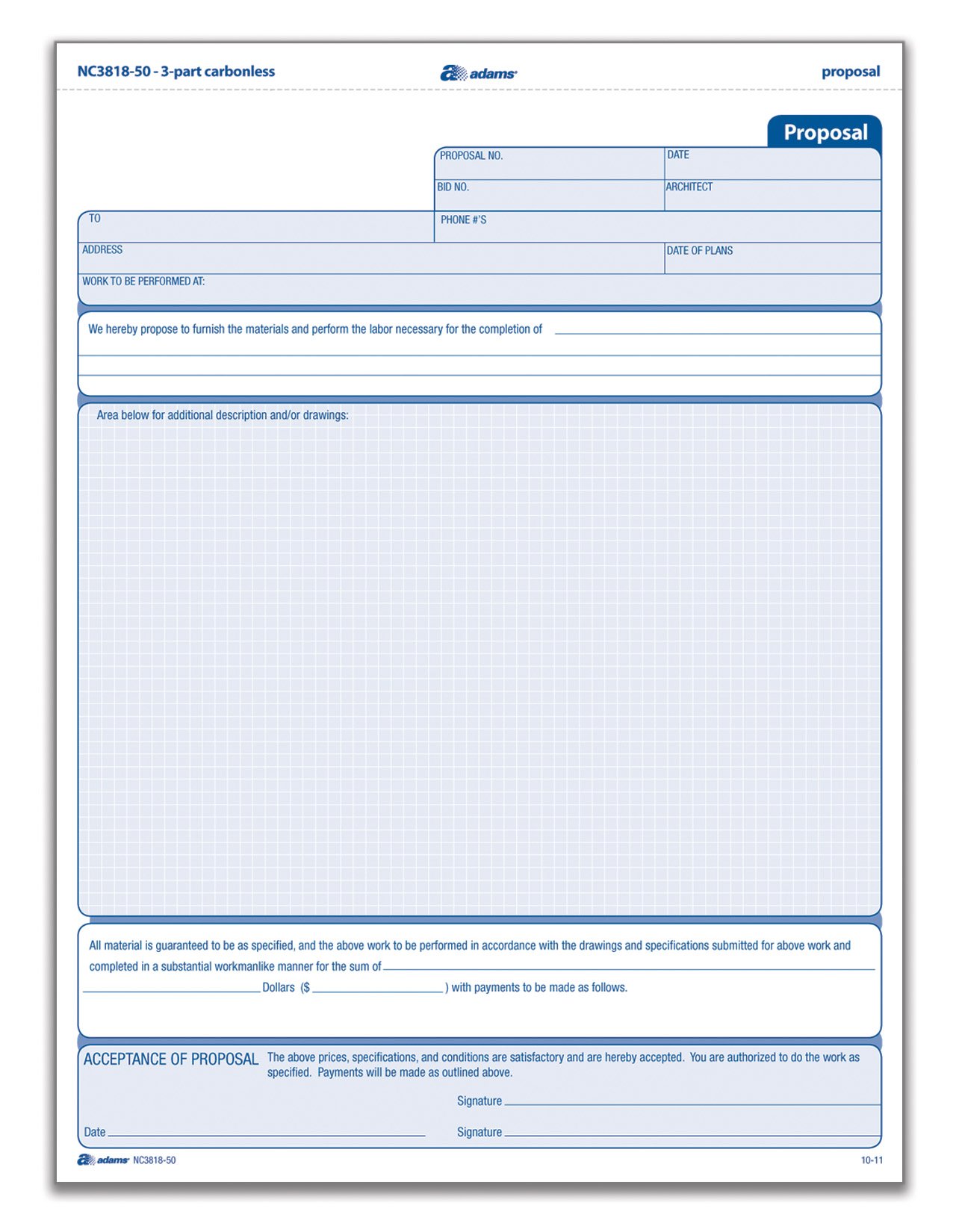 Adams Proposal Unit Form, 3 Part, Carbonless, 8.5 x 11.44 Inches, 50 Sets per Pack, White and Canary and Pink (NC3818-50)