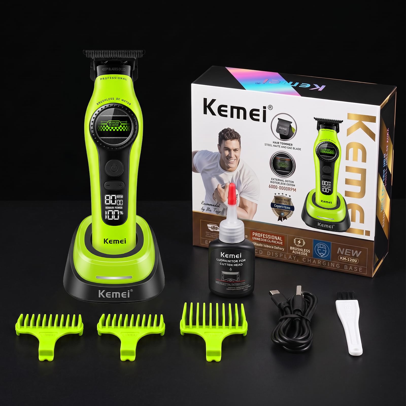 KEMEI 1595 Profi Haar-/Bartschneider Herren, Elektrischer Haartrimmer | Bürstenlosem Motor, 5 Verstellbare Geschwindigkeiten, LCD-Display & DLC-Klinge, Für Haar, Bart und Körper(Weiß, Gelb, Grün)