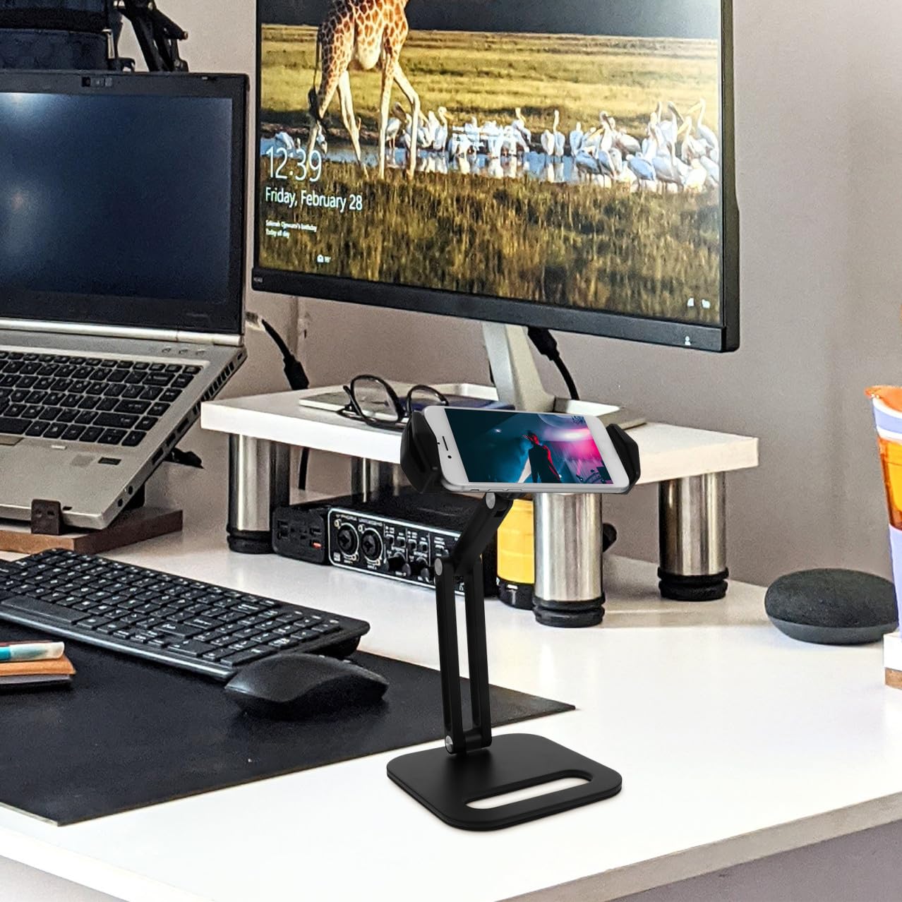 Operitacx Soporte para Teléfono y Tablet Ajustable y Estable de Aleación de Aluminio y TPU para Ver Videos y Transmisiones en Directo en Escritorio Negro