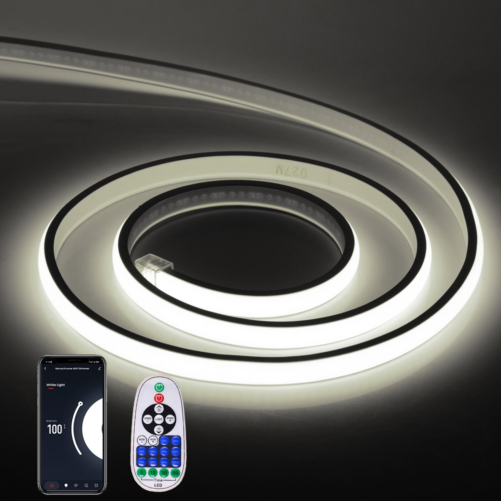 GQL Dimmable COB Neon Light with 23-Key Remote, WiFi Controller 1500W, Tuya App Work with Alex Google Assistant, IP65 Waterproof 220V Flexible Silicone LED Strip (2m, Cold White)