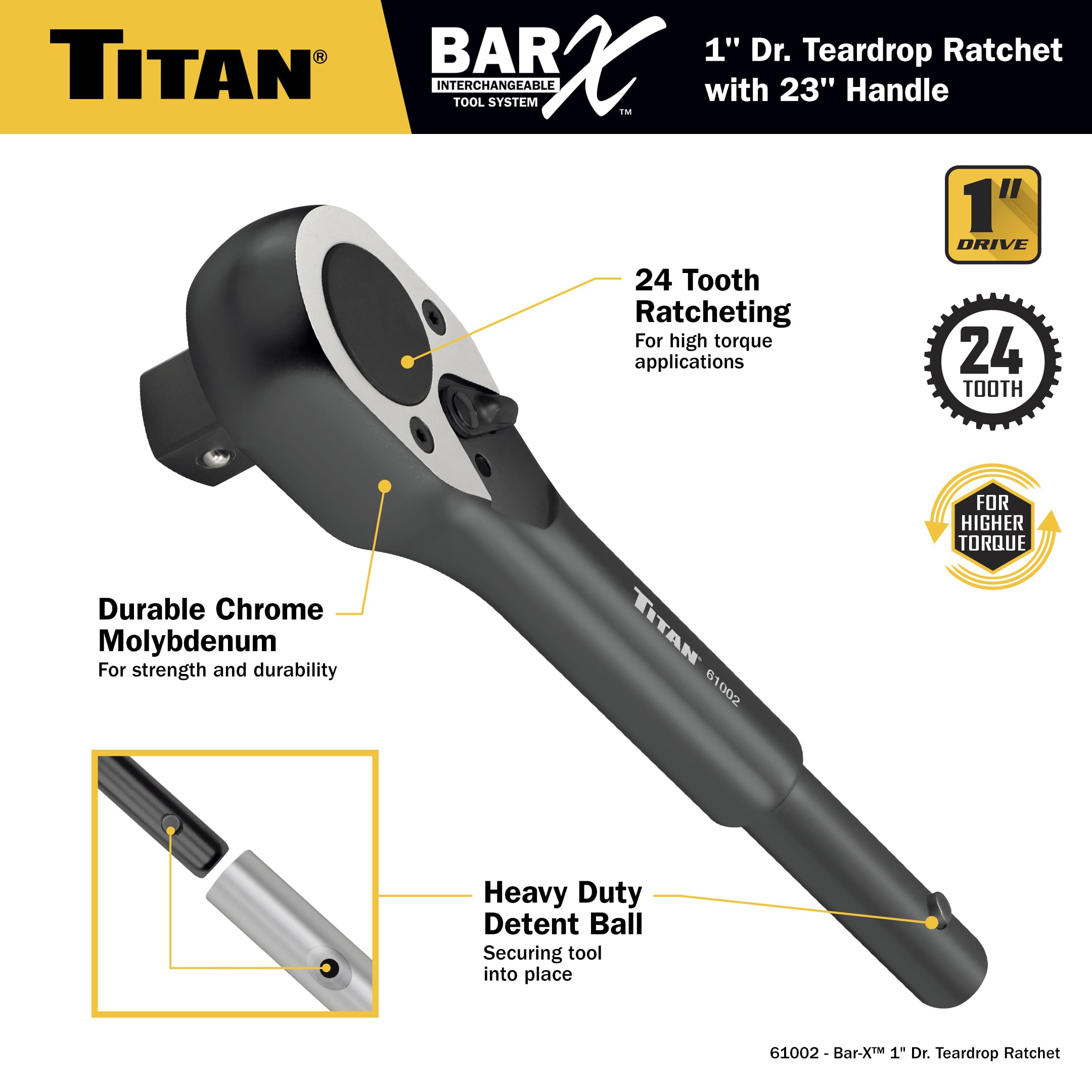 Titan Bar-X Ratsche, 1 Zoll Antrieb, 89,8 Cm Lang, 24-Zahn, Für Hohes Drehmoment, Tropfenförmiger Griff