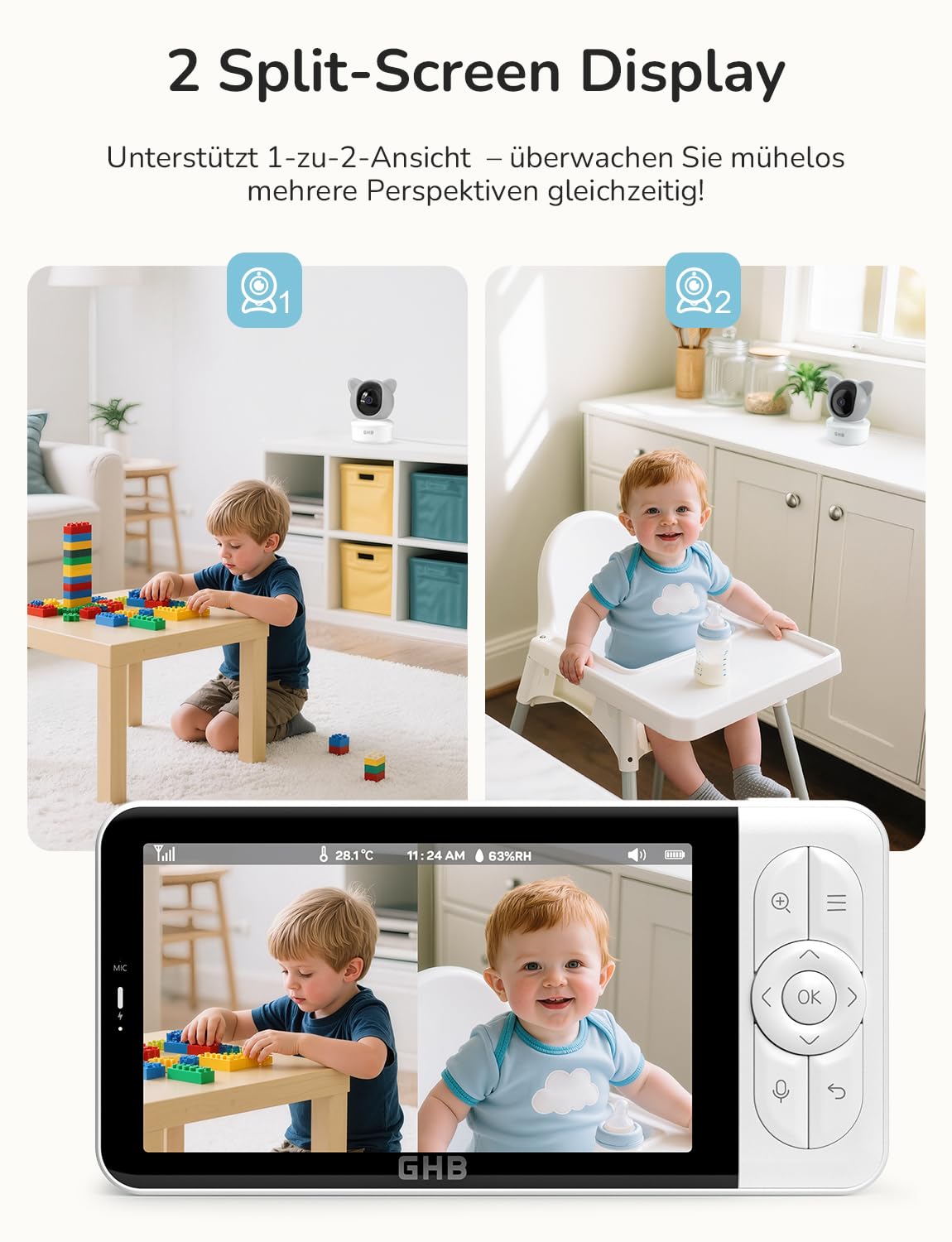 GHB Babyphone mit Kamera App WiFi 2K IPS 5 Zoll WLAN Babyphone PTZ 350°/65° VOX Bewegungs-/Geräusch-/Weinerkennung Nachtsicht 4 Zoom Nachtsich