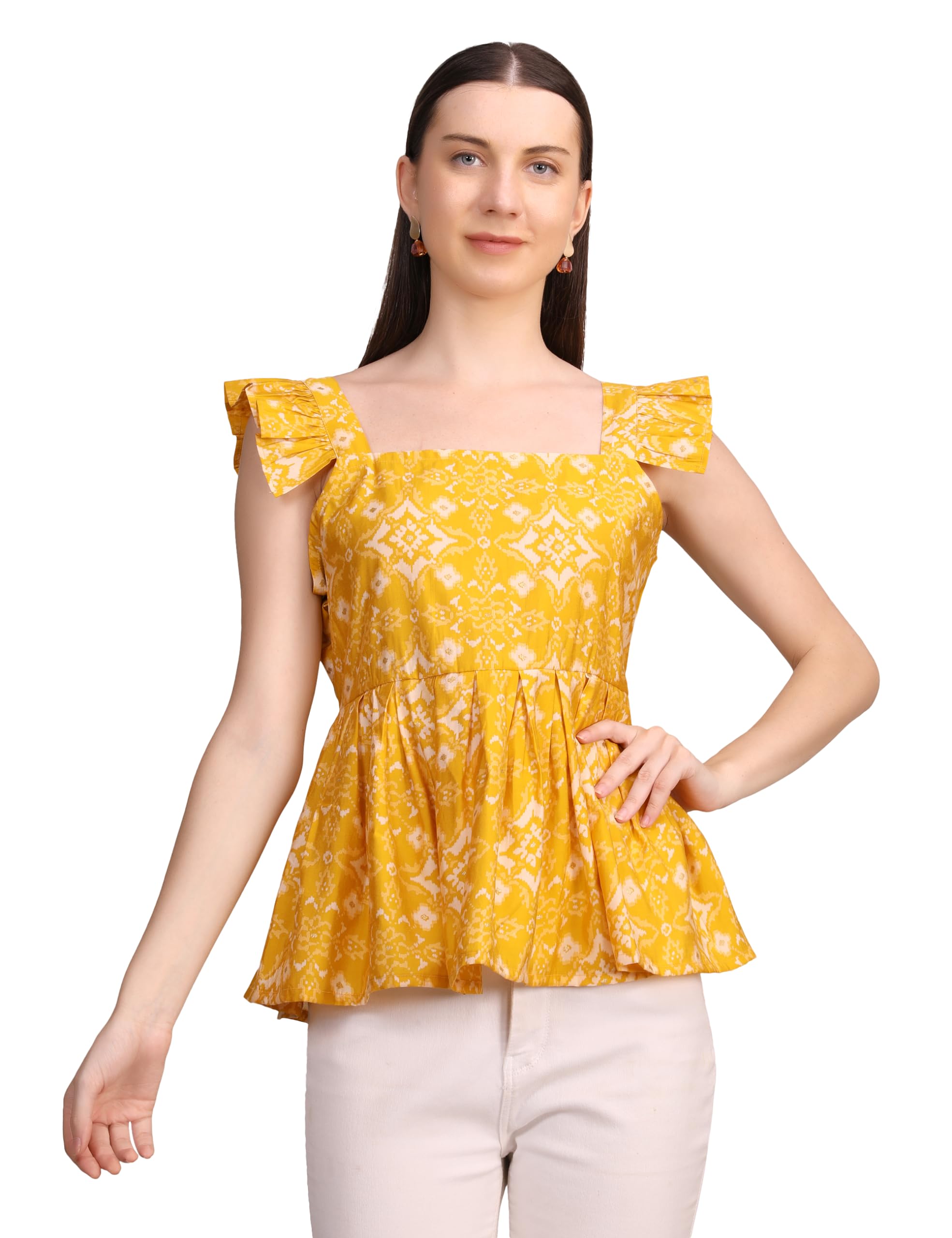 unfakenow Yellow Women Printed Cotton Sleeveless Spaghetti Noodle Strap Peplum Cami Cute Stylish Peplum Top-picture-20