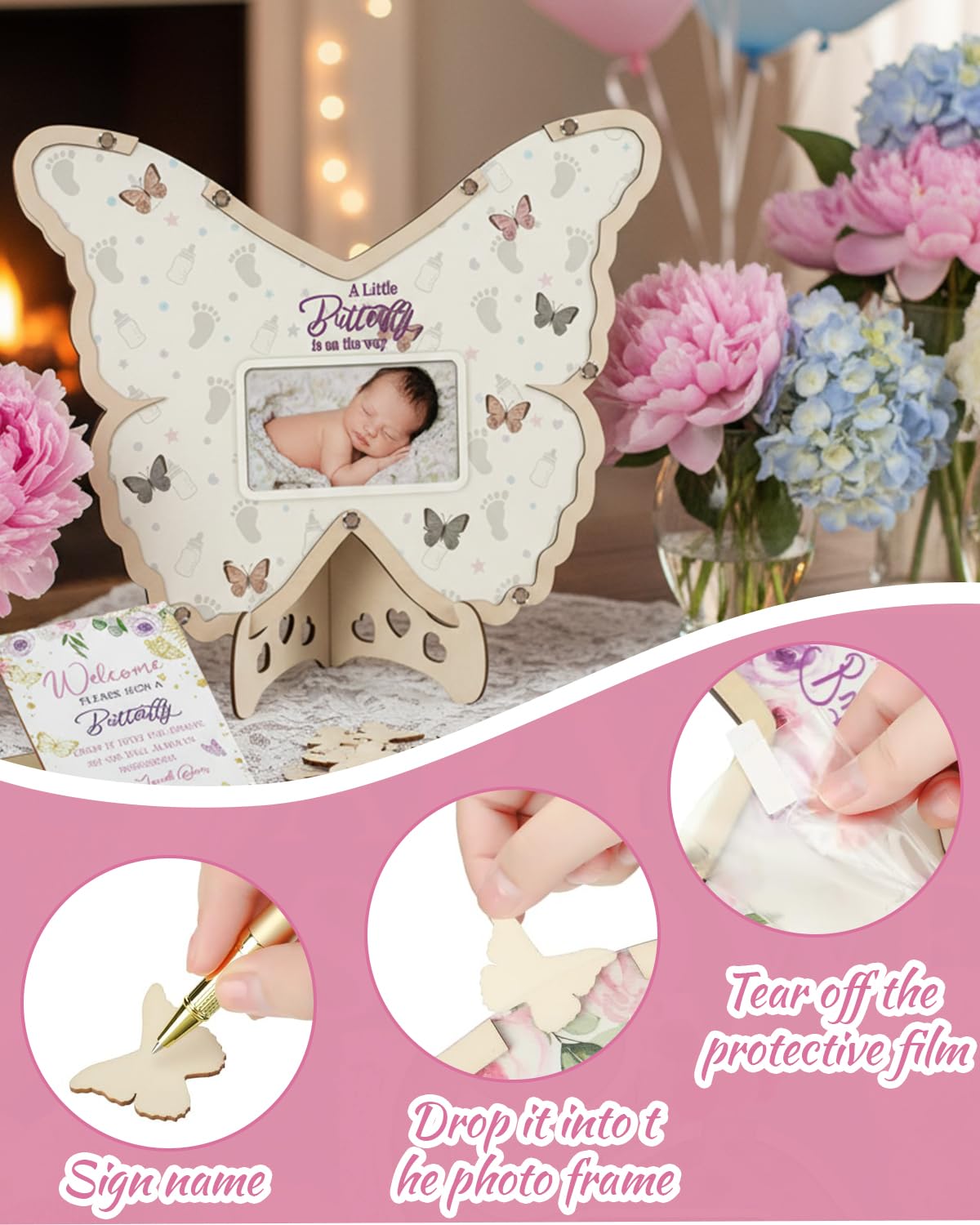 63 pezzi Farfalla Baby Shower Guest Book Alternative Set Decorazioni Baby Shower con Cornice Fotografica Sonogramma Cornice Ricordo 60 Fette di Legno Libro degli ospiti per Compleanno