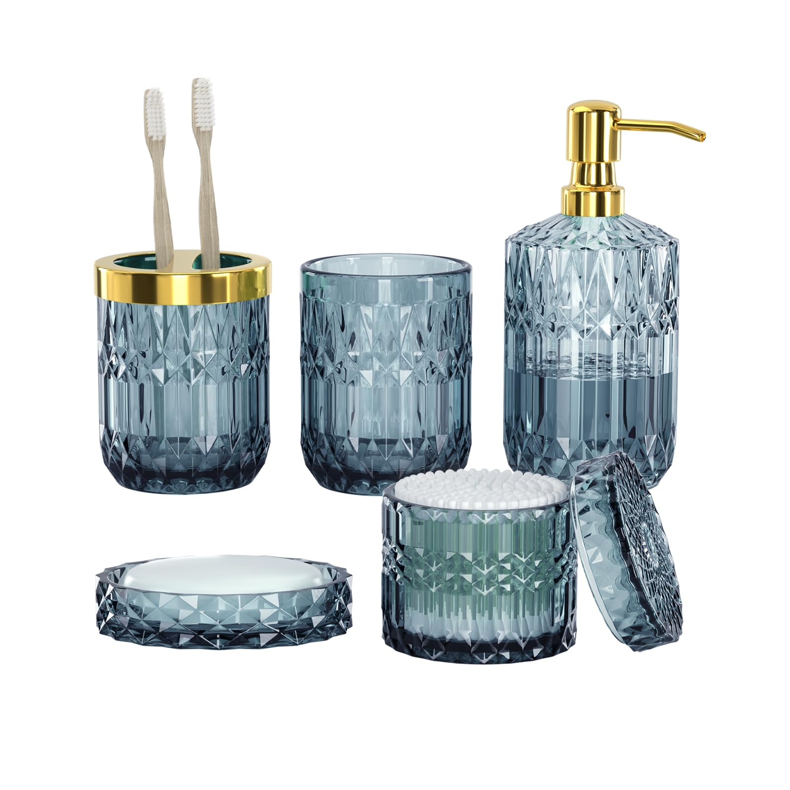Blue Bathroom Accessories Set - 5PCS Clear Glass Bathroom Accessory Set (Toothbrush Holders, Soap Dispenser, Soap Dish, Tumbler, Cotton Swab Jar), Countertop Vanity Organizer Modern Decor Vintage Gift