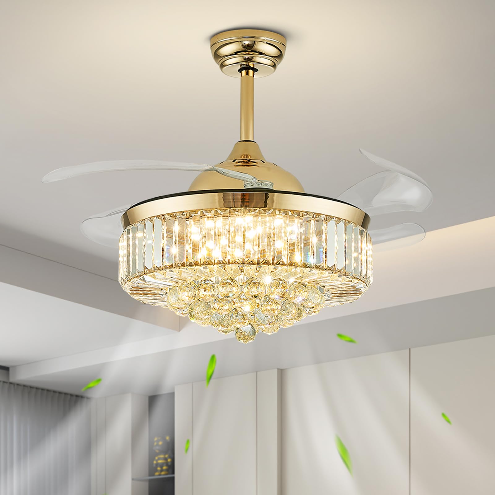 CROSSIO Modern Crystal Ceiling Fan with Lights Gold Retractable Ceiling Fan Dimmable LED Chandeliers with Fans 42" Invisible Ceiling Fan Light for Bedroom Living Room