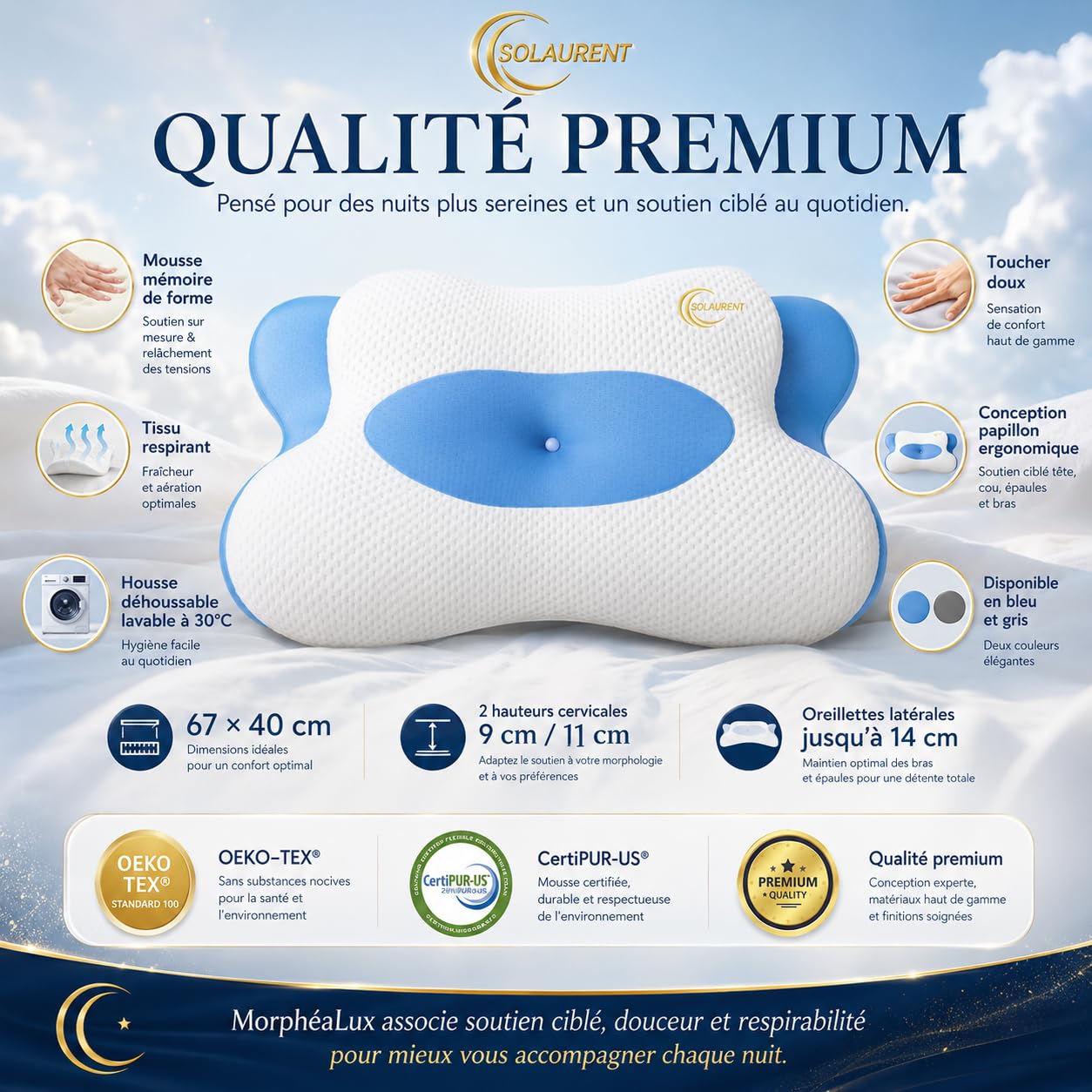 MorphéaLux® Oreiller Ergonomique Cervical Anti-Douleur, Coussin Nuque Orthopédique, Forme Papillon Toute Position, Anti-Ronflement et Apnée Positionnelle