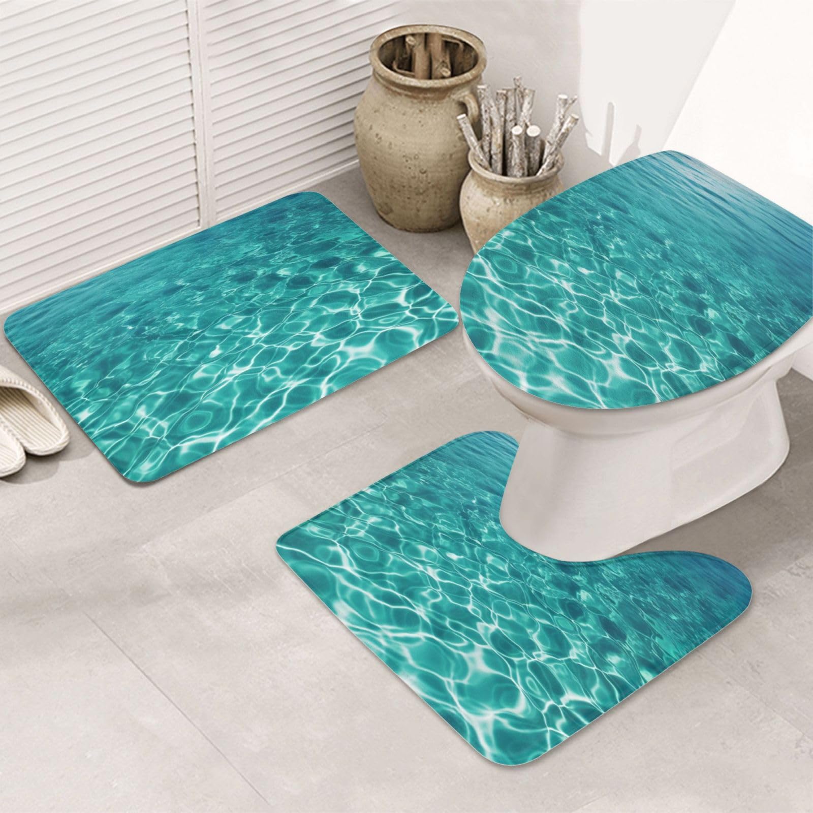 Tapis de bain bleu aqua pour ambiance piscine et WC design OUSIKA