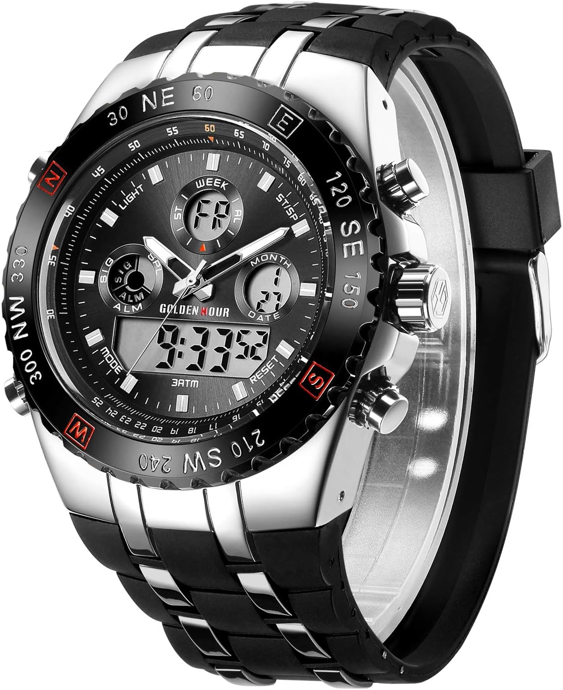 Luxury Military Sports Men's Watches Large Size Big Face 3ATM Waterproof, Stopwatch, Date and Date, Alarm, Luminous Digital Analog Wrist Watch with Rubber Band