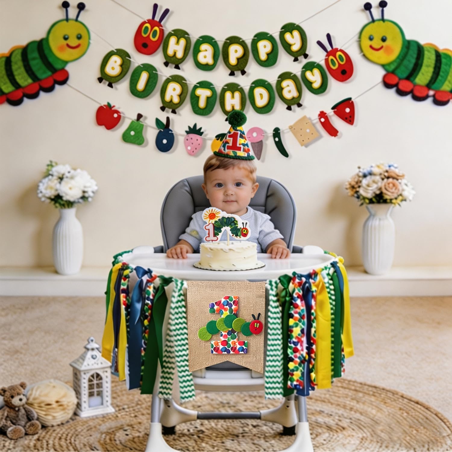 The Very Hungry Caterpillar 1st Birthday Decorations- First birthday Hungry Cater pillar Highchair Banner ，Caterpillars Happy Birthday Banner，Caterpillars Birthday Party Decorations (Caterpillar)