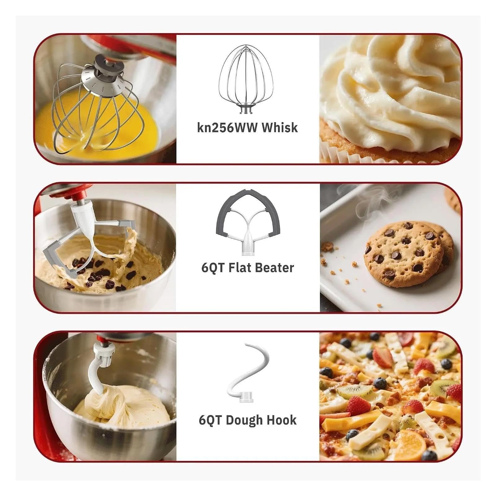 Rührbesen 3er-Pack, Kompatibel Mit KitchenAid, Mixeraufsätze, Kompatibel Mit 6 Quart KN256 6-Draht-Peitsche, Flachem Rührpaddel, Knethakenaufsatz