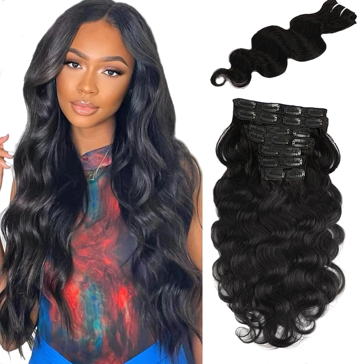 Body Wave Clip In Hair Extensions For Black Women Clip In Hair Extensions Real Human Hair 8Pcs Clip In Human Hair Extensions With 18 Clips Double Weft Natural Color 100g(18inch, Natural Black Body)