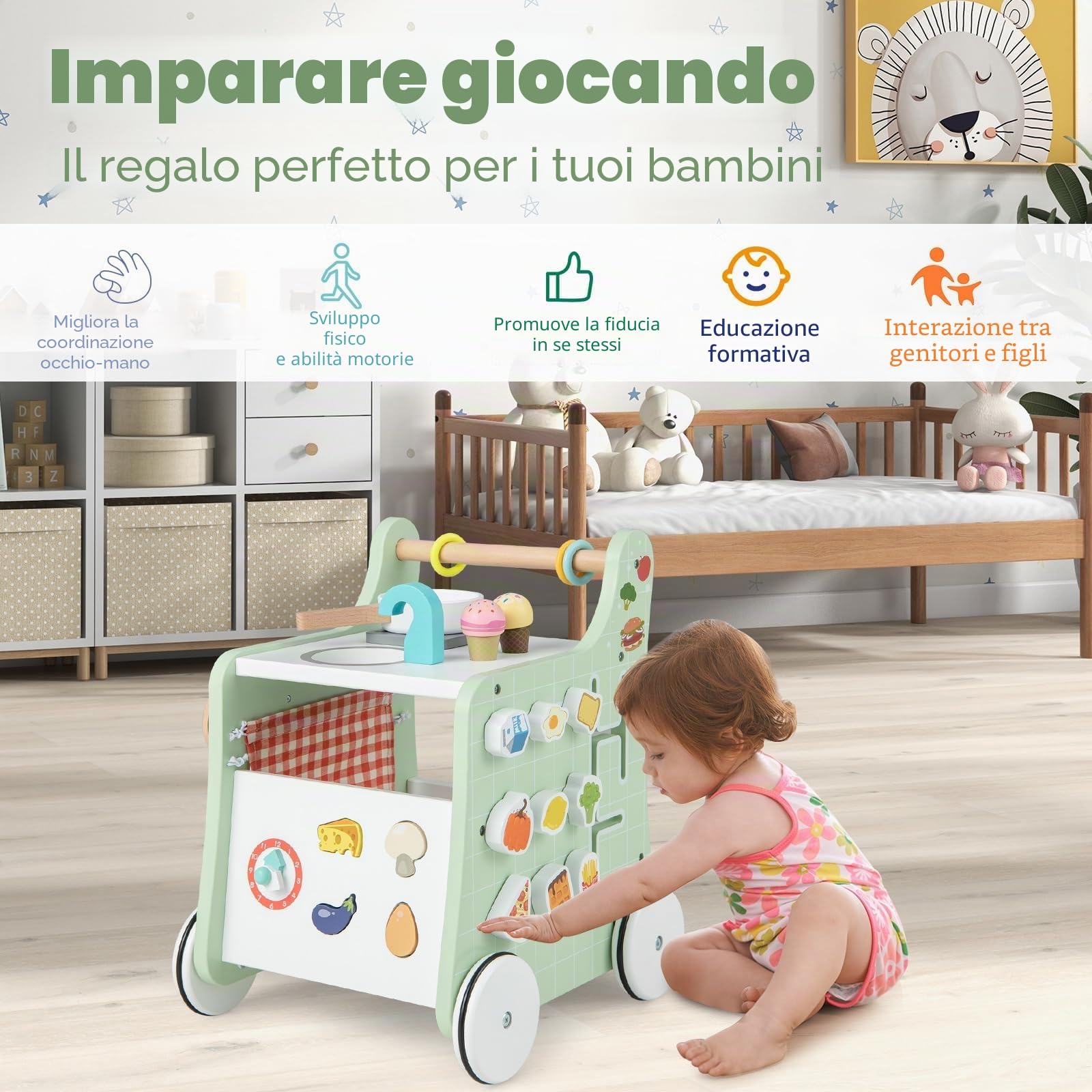 FANTASK Passeggino 6 in 1 in legno, con cucine da gioco, orologio educativo, regolazione della forma e cursore mobile, cucina per bambini Baby Walker con ruote per bambini a partire da 1 anno (verde)
