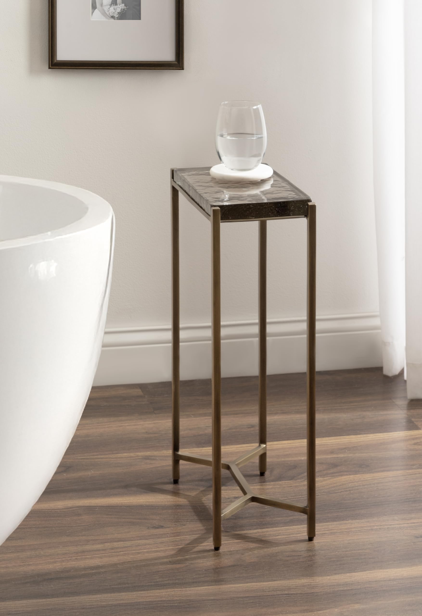 Kate and Laurel Aguilar Modern Glam Slim Side Table; 12 x 7 x 22; Clear Glass and Antique Brass; Decorative Narrow End Table for Use as Skinny Bedroom Nightstand or Living Room Accent