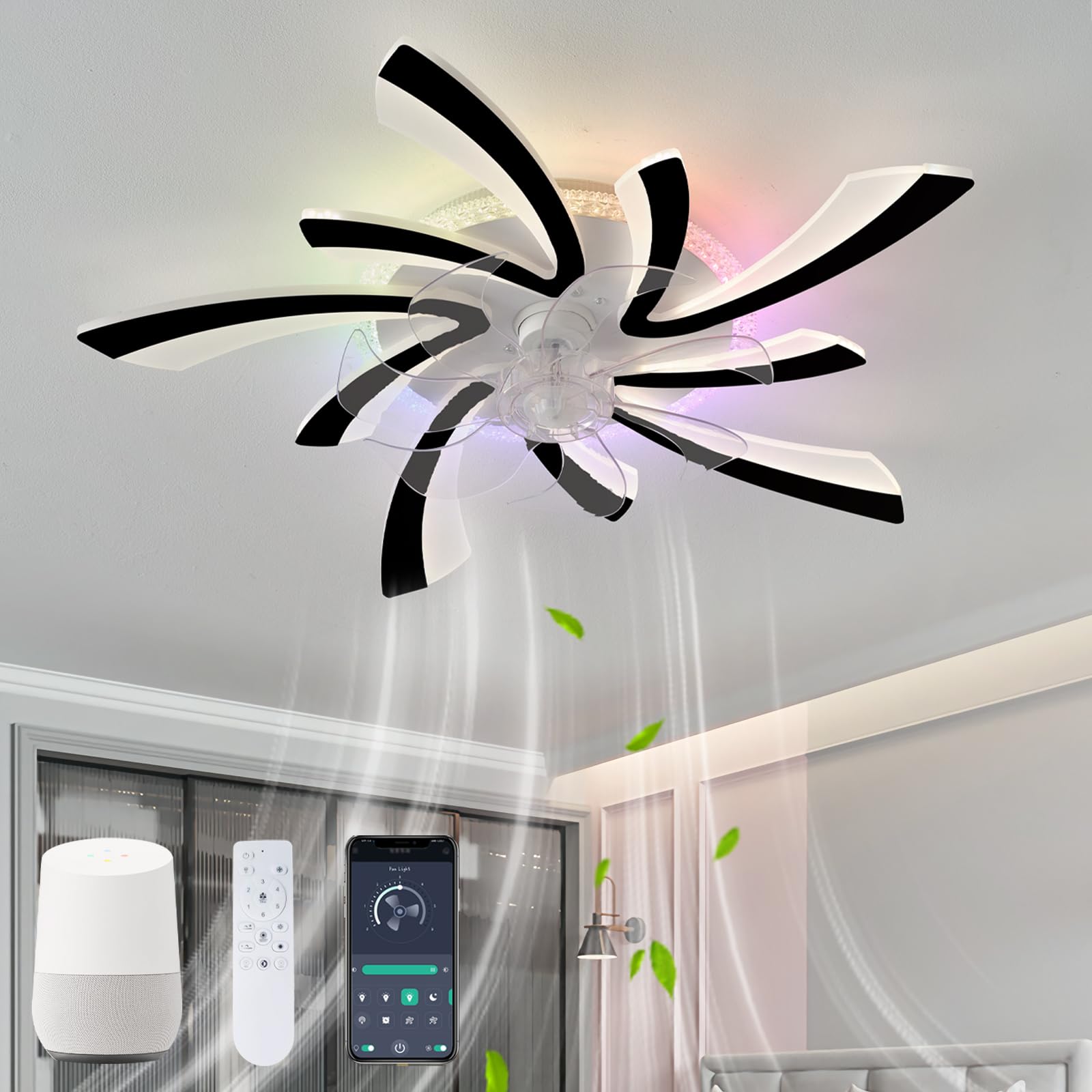KVOYYIRA Silent Bedroom Ceiling Fans with Lamps, RGB Kids Fan Light Ceiling LED Dimmable Reversible, DC Motor Chandelier Ceiling Lamp Alexa Compatible-Black