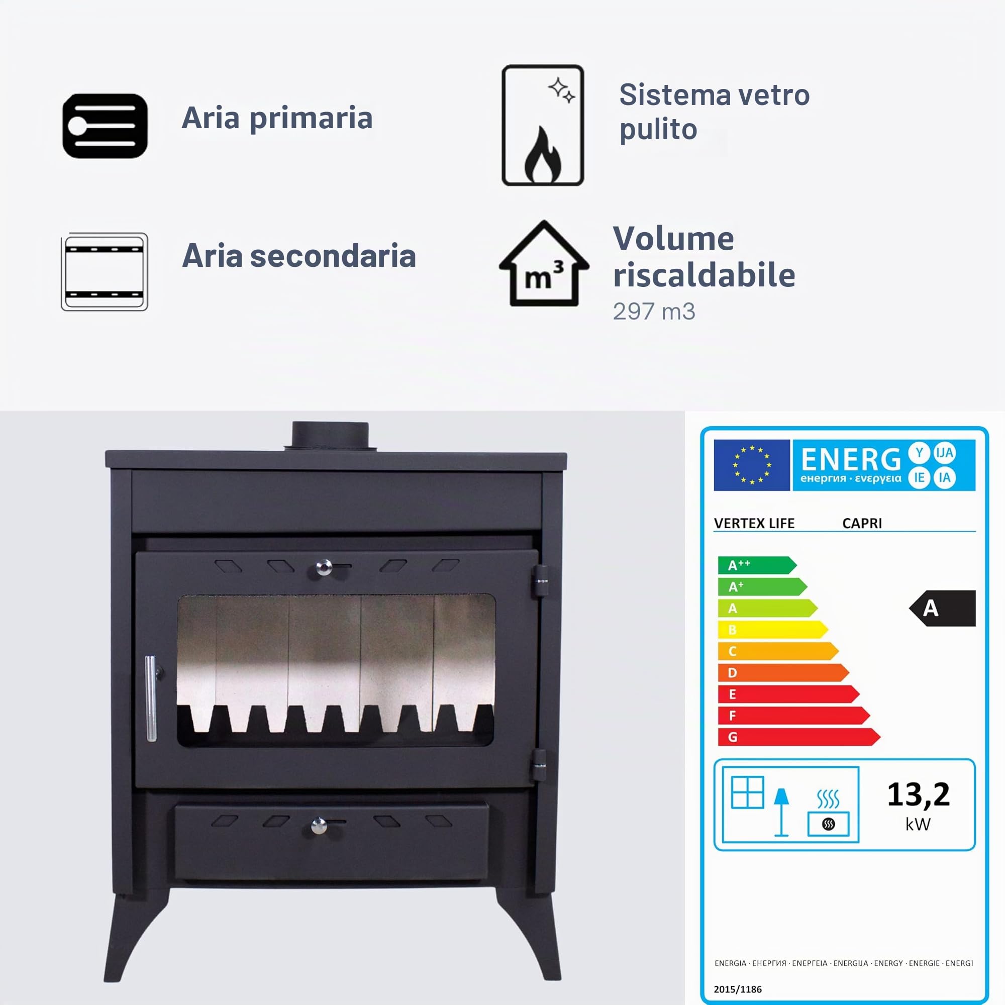 EIDER BIOMASA Stufa a legna 17,05 kW - Compatta 84 x 51 x 66 cm - Basso consumo - Ghisa - Ampia camera per tronchi grandi - Fino a 297 m³ - Classe di efficienza energetica A - Visione del fuoco