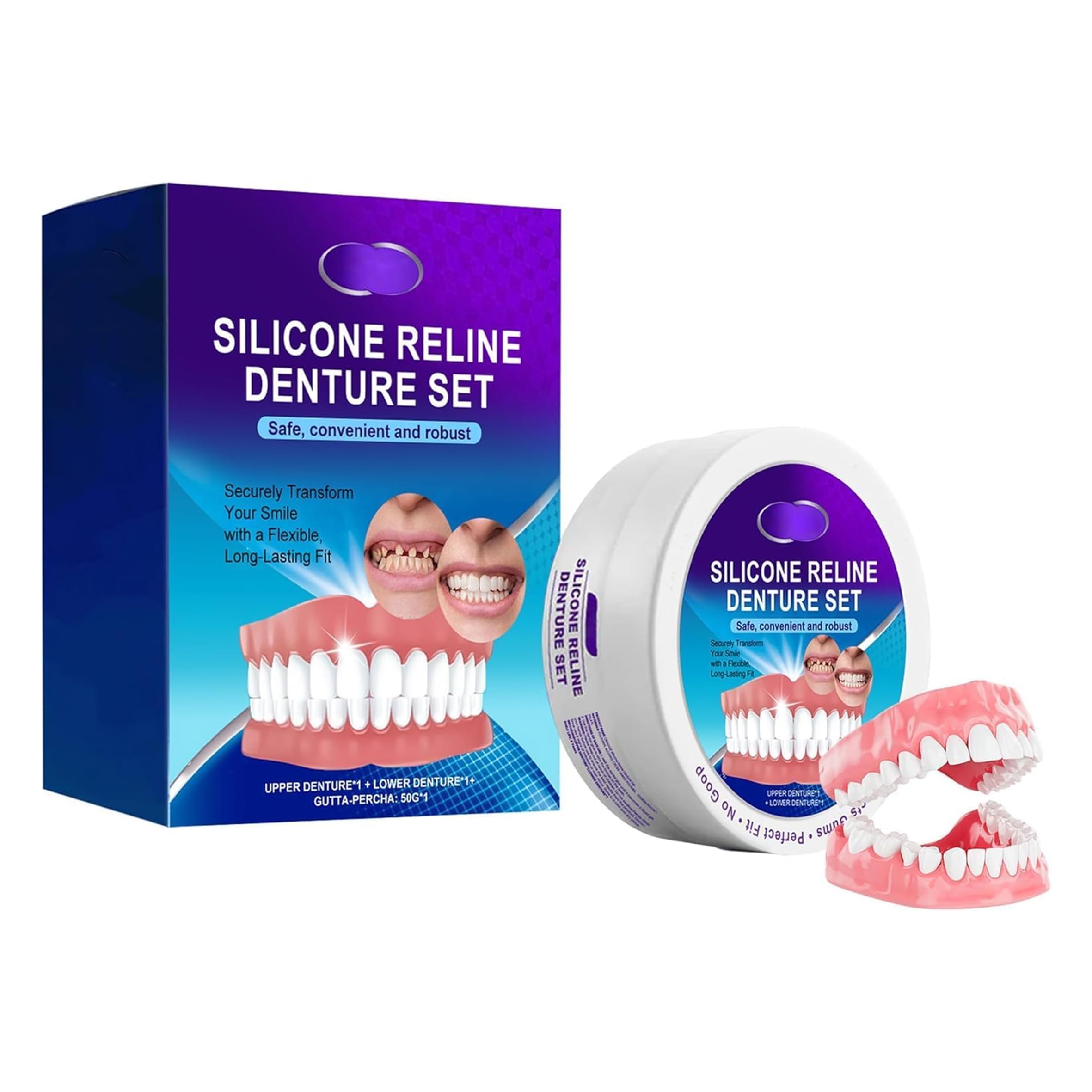 SHAQINUOシリコン 入れ歯 義歯 歯がない人用入れ歯 シリコン入れ歯 Silicone Reline Denture Set 調整可能 着脱可能な美白付け歯入れ歯上下 義歯修飾ブレース 簡単操作再利用可能 男女兼用