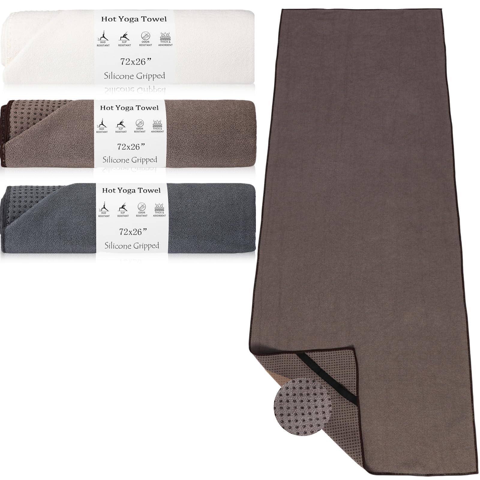 3 Pack Non Slip Hot Yoga Mat Towel with Grip Dot and Secure Fit Elastic Straps 72" x 26" Microfiber Yoga Towel Absorbent Sweat for Pilates Fitness (Beige Dark Gray Coffee)-image-42