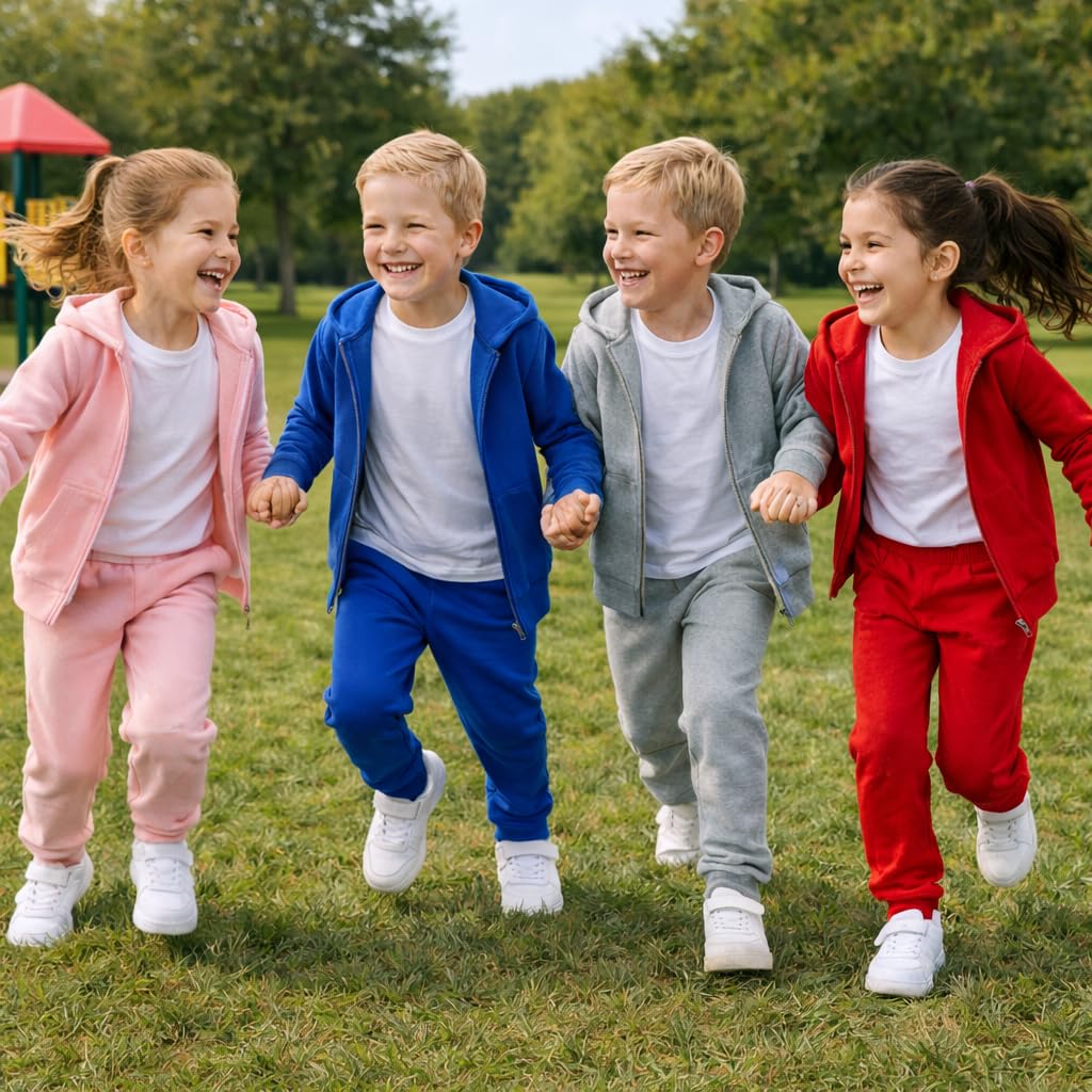 Tuta da ginnastica per bambini per ragazzi e ragazze, set unisex in pile con cappuccio e pantaloni da jogging, morbido, caldo e resistente, perfetto per scuola, sport e uso quotidiano, età 5-12 anni