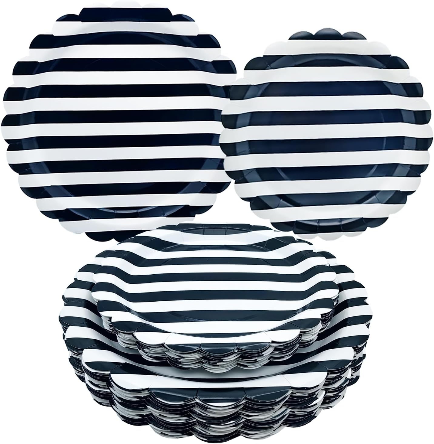 100Pcs Black and White Party Supplies Striped Scalloped Paper Plates Set 9"& 7" Black White Striped Party Plates for Wedding Baby Shower Holiday Birthday Decor Serves 50