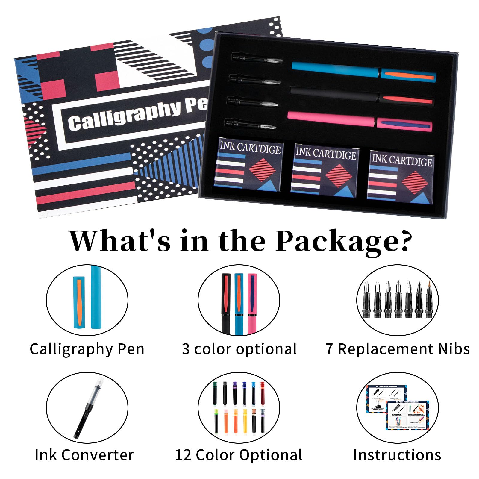 Lot de stylos de calligraphie, 7 pointes interchangeables, 60 cartouches d'encre (12 couleurs) – Stylos plume pour débutants, écriture, dessin, cartes de vœux et signatures de mariage