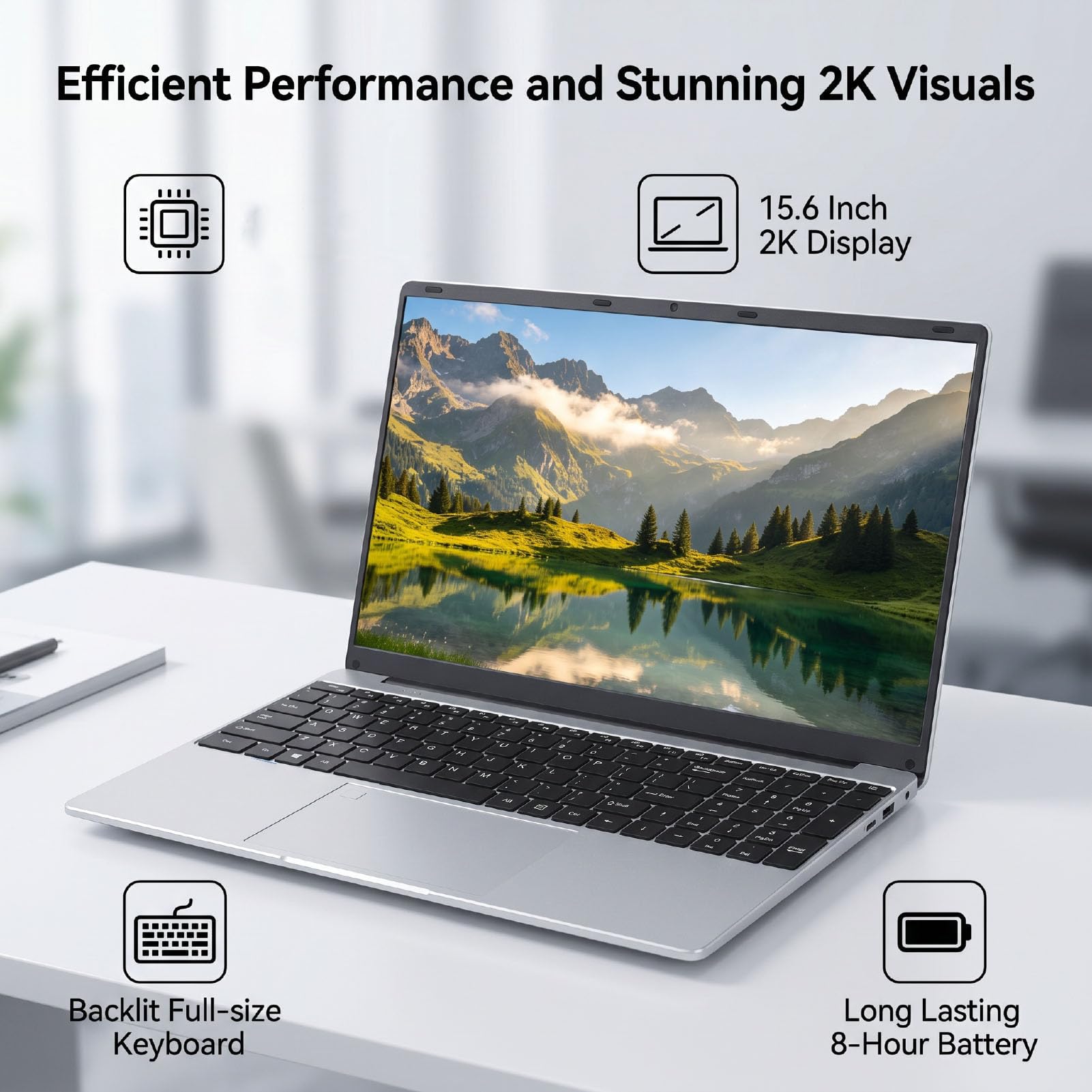 Laptop 15,6 Cala, Procesor Celeron N5100, 8 GB RAM, 128 GB SSD, System 11 Pro i Podświetlana Klawiatura, do Pracy i Rozrywki (wtyczka UE)