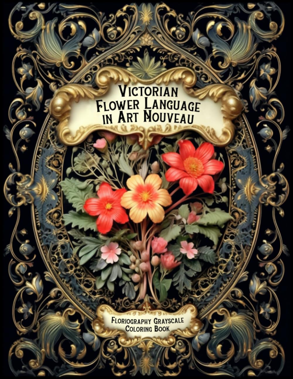 Victorian Flower Language in Art Nouveau Floriography Grayscale