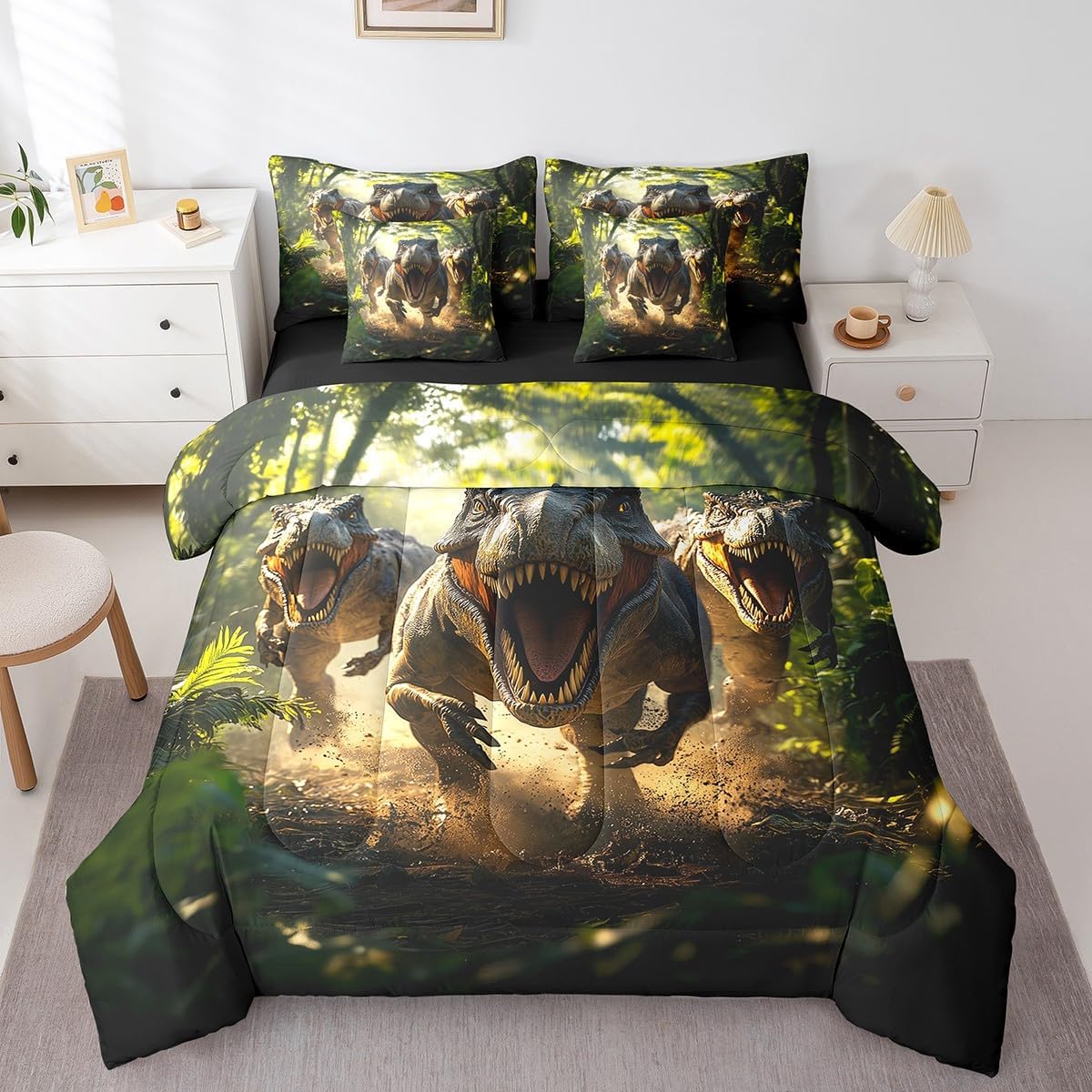 Castle Fairy 3D Dinosaur Twin Comforter Set with Sheets Abstract Jungle Wild Animals Decor Bedding Sets for Kids Teens Adults Bedroom Dorm Decor Lightweight Bed Set All Season 7 Pcs
